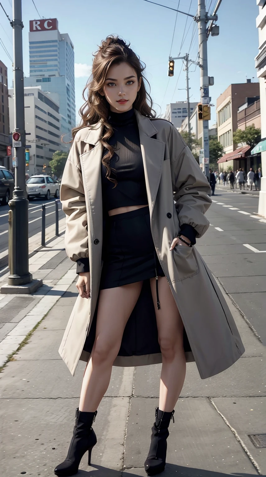 (8k、RAW Photos、Highest quality、masterpiece:1.2)、(Realistic、Photorealistic)、1 Girl、There is a mole next to the eye、((Black Mini Dress、Black boots、Pink Coat、Black ribbon on chest））、Her skirt is rolled up、Gal、Lots of eyelashes、Sparkles on the eyelids、Black knee-high socks、skeletally correct、Open your thighs、Wavy Ponytail、、Cute Smile、Sweaty body、Attractive body、Beautiful perfect body、Beautifully trimmed fingertips、Standing with hands on hips