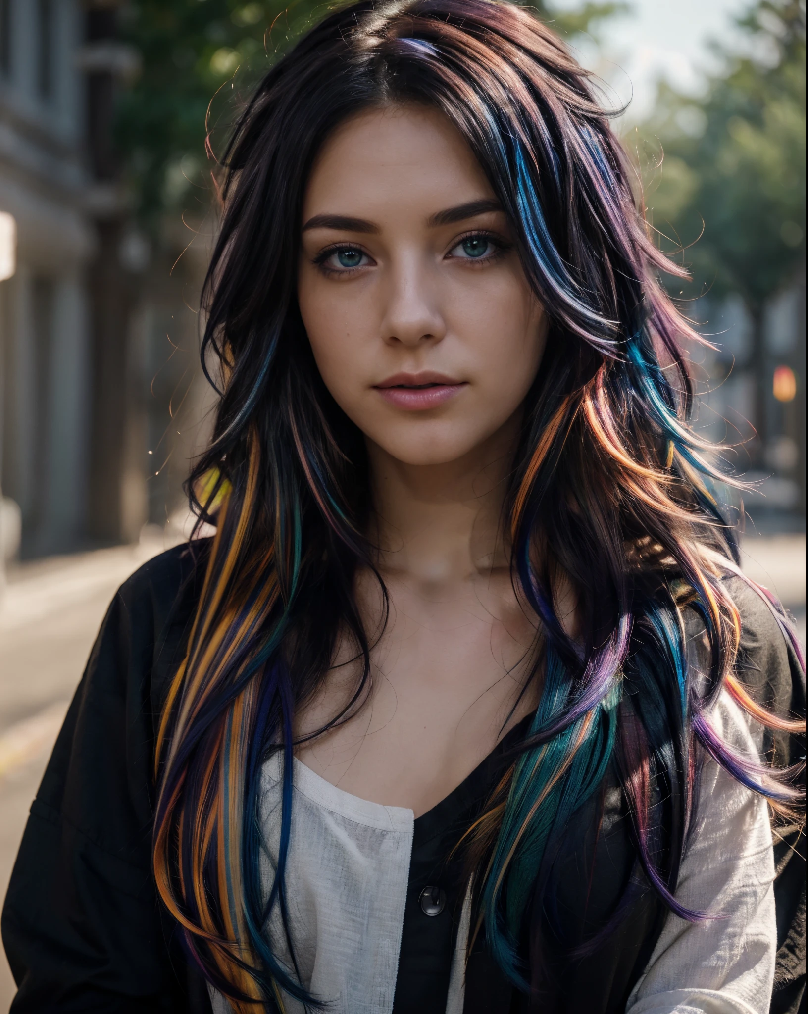 {{masterpiece}}, best quality, extremely detailed CG unity 8k wallpaper, cinematic lighting, lens flare, beautiful detail eyes, black, side glance, multicolor hair, colorful light, particles, heterochromia, (colorful:1.5), (colorful hair:1.5),