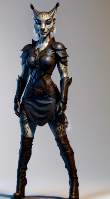 (Kajiit:1)(Assassin:1), (adult woman:1.33), standing, full body, leather boots, dark pants, dark gloves, dark uniform, medieval knight armor, single character concept art ((solo)), RPG fantasy medieval illustration, ((lower body revealed from thighs to feet)), ((legs revealed from thighs to feet)), ((no background_with a pure white background)), ((simple background)), a seductive fitness woman, charming perfect sexy figure, sexy seductive, ideal body shapes, body glare, big thighs, beautiful cute face, pretty detail eyes, blue colored eyes, beautiful detailed lips, extremely detailed eyes and face, fighting facial expression, khajiit girl beautiful, anthropomorphic lynx girl, lynx ears, spotted white-like skin color, skin color-dark