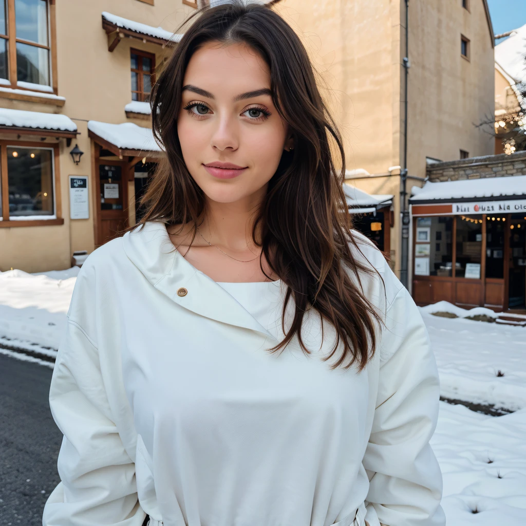 Photorealistic, ultra-detailed, Beautiful woman, portrait photo, Solo, looking in the camera, standing up, picturesque beautiful town scene, bright scene, bright noon, winter without snow, The essence of real life, brunette colour hair, twenty years old, cheerful , show medium cleavage, flashlights, Crystal clear sky, analogue style, film grain, Best shadow, primitive, Instagram LUT, wearing winter clothes