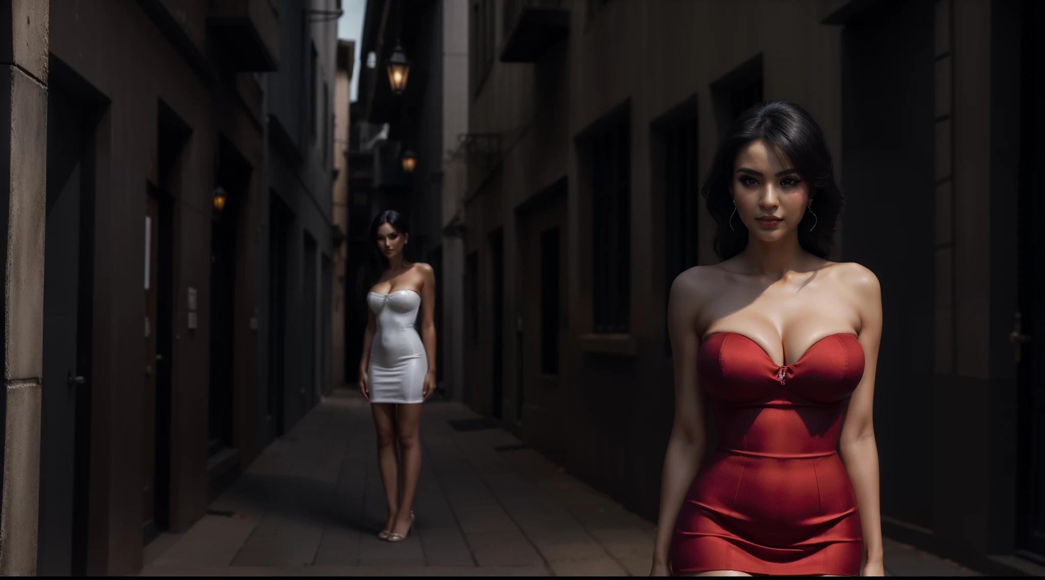 a female fatale with striking features,dangerous and seductive gaze,((standing (alone:1.4) in a dimly lit alley:1.4)),((full-body:1.4, cinematic-shot)),(best quality,4k,8k,highres,masterpiece:1.2),ultra-detailed,(realistic,photorealistic,photo-realistic:1.37),(film grain:1.3).

[(1girl),(solo),((1 person)),(25years-old),[Raiana-Elizabeth-Dilla],pearl skin,(skin pores:1.1),beautiful detailed eyes,beautiful detailed lips,extremely detailed eyes,longeyelashes,extremely detailed face and skin texture,(skin texture:1.1),black hair,tall and slender body,(192cm tall),thin and delicate figure,graceful posture,flawless skin,defined abs,perfect curves,beautiful long legs,(cleavage breasts,large breasts:1.4),((wearing a sexy (red ultra-short vintage strapless minidress:1.4))),extremely detailed and realistic (red) clothes,(shiny skin),((sharp focus:1.5)),(earringeathers:1.5),(charming smile,flawless complexion,red lipstick and smoky eye makeup,)].

[shrouded in mystery and allure].

Official art,extremely detailed,(ultra-dark:1.8) and intriguing atmosphere,expertly executed oil painting,contrasting light and shadow,accentuated facial features,vibrant colors,subtle film noir aesthetic,Angelic ethereal beauty,award-winning photography,professional photography,depth-of-field,bokeh.