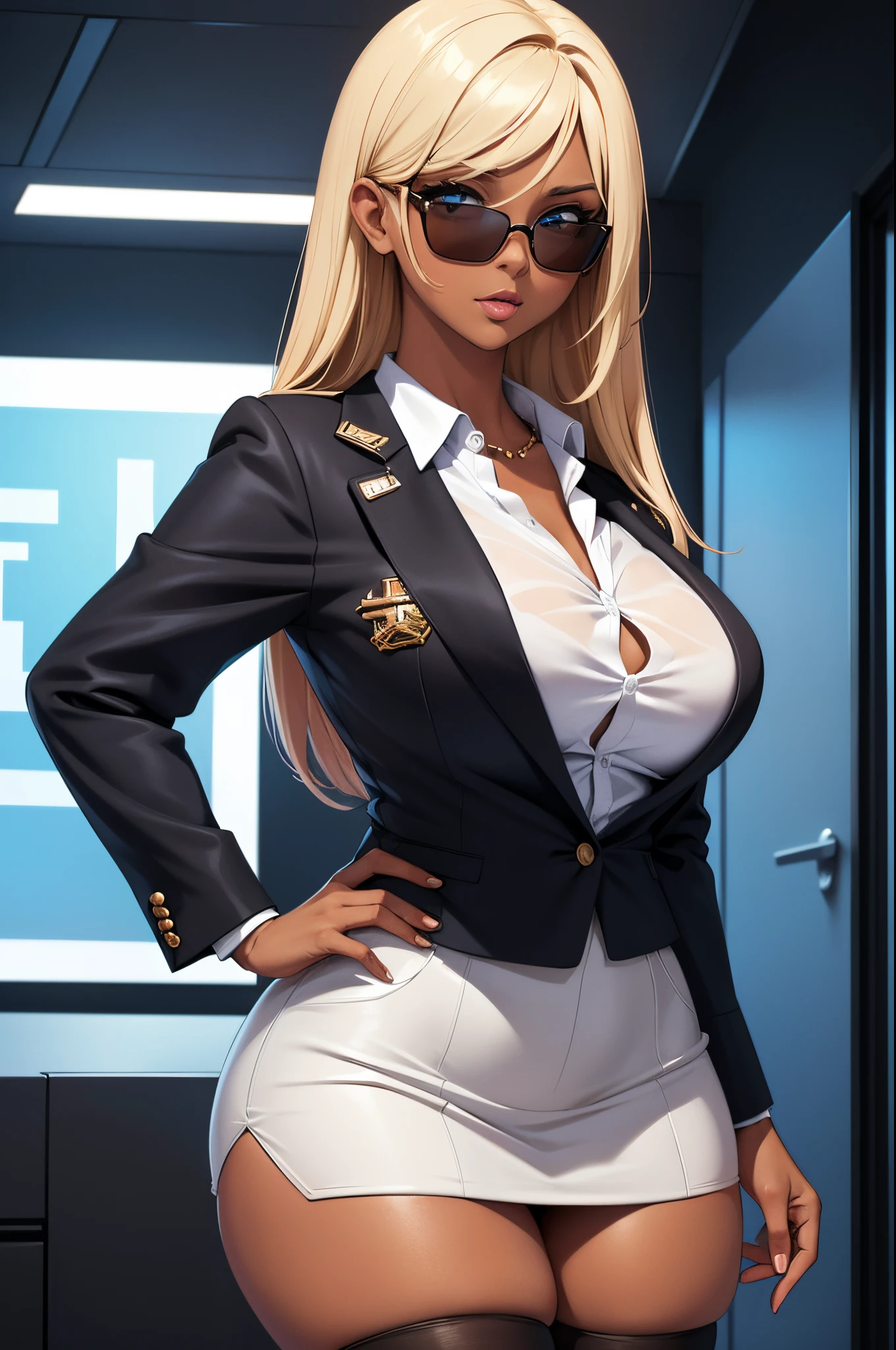 (Masterpiece, Best quality, ultra high resolution),1girl, gyaru, dark brown skinned, blue eyes, blonde hair, large breasts, thick thighs, himecut, Black office jacket, white shirt, black office skirt and black stockings, beautiful and detailed face, detailed eyes, detailed nose, cyberpunk city during the day, wearing sunglasses. She has her right hand on her hips and her left hand adjusts her glasses. She is looking seductively at the camera