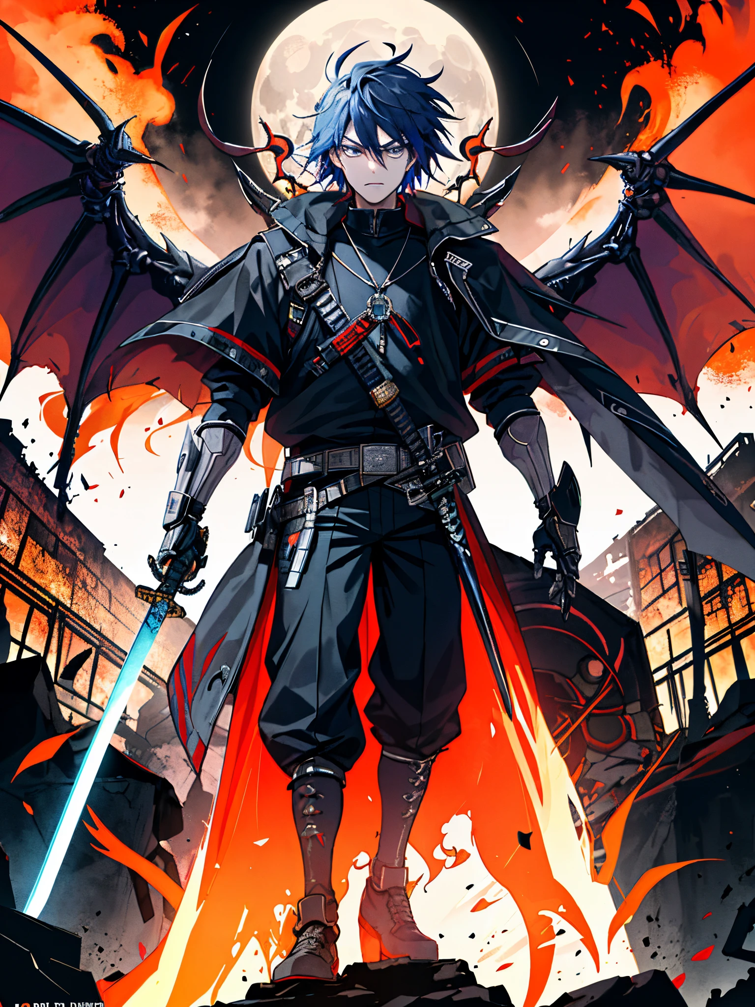 (((theatrical))), (((Gritty))), (((drastic)))) Movie poster features a Anime robot, blue character, on top of the temple, in front of a giant full moon, holding a katana sword in a dragon sheath, the sword has fire, Stocky, as central character. She stands confidently in the center of the poster, wearing a stylish and edgy outfit,The look on his face was determined. Background dark and gritty, with a sense of danger and intensity. Text bold and eye-catching, Plus catchy slogans,Adds to the overall drama and excitement. The color palette dominated by dark colors, Dotted with bright colors, Give posters dynamic visual impact, standing drawing magazine:1.3), (Cover type:1.3), stylishly, sweetheart, A vibrant one, full clothing, placed in a, street frontage, Colorful, dynamic, Background with, element in, self-assured, Be expressive, fail, statement, Attachment, Majestic, coiled, Floor plan about the, Touch, Scenes, text, Overwritten, Fearless, attention-grabbing, titles, Fashionab, typeface, Catchy, titles, bigger, attention-grabbing, modern, Uptrend, Focused, fashionably, fond violet