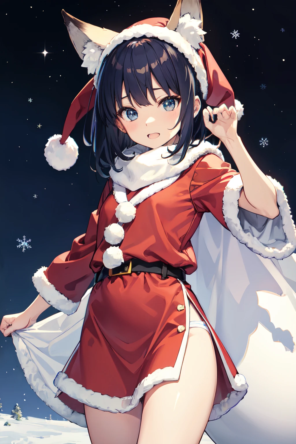 ((Best Quality)), ((masutepiece)), Perfect face,dark blue hair、short-hair、Okabo hair、Tanigawa Kanna、santa claus、Winters、muffler、Fox ears、cowboy shot、