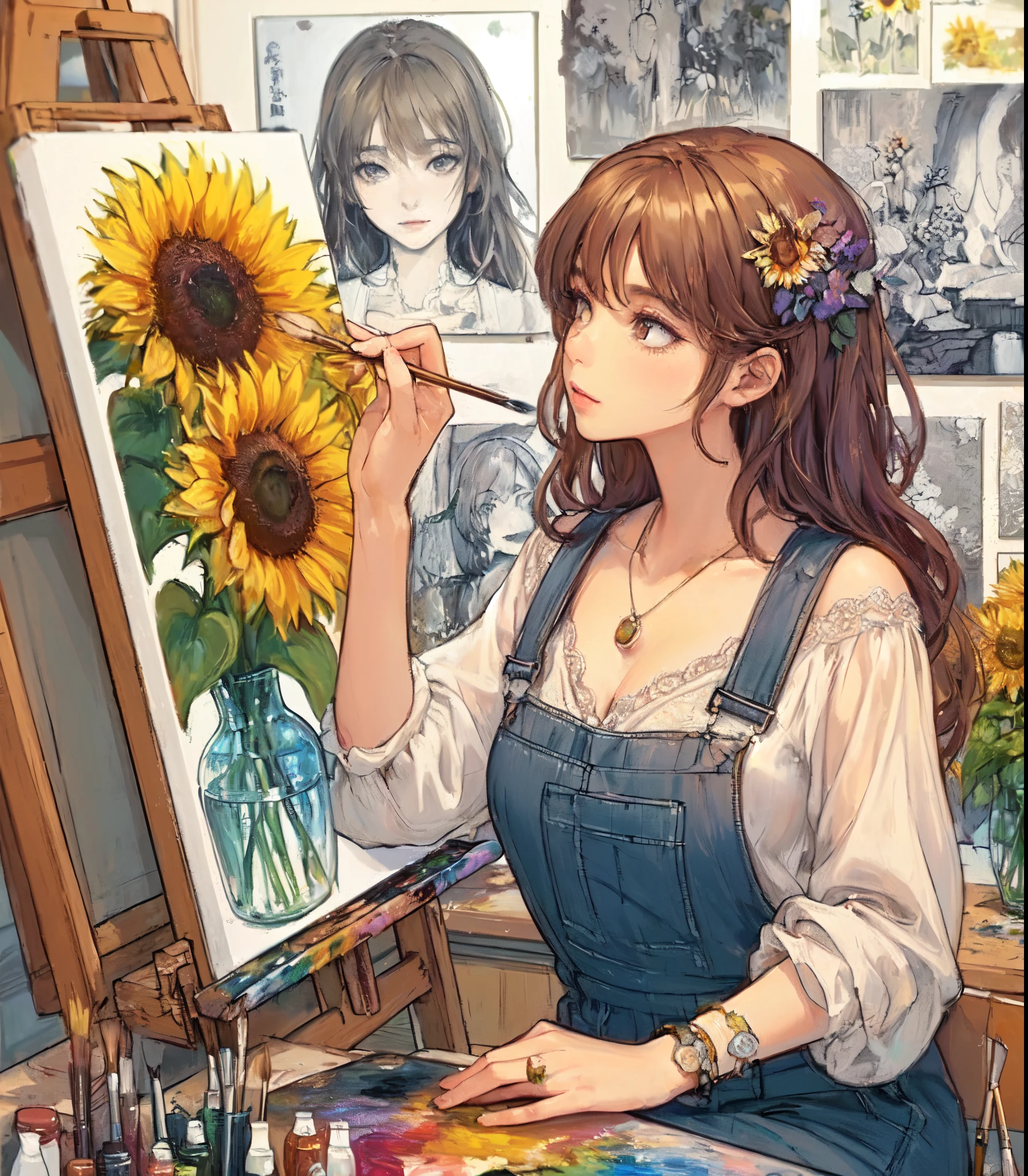 1lady solo, (painting (a sunflower oil painting) on a canvas), (stylish outfit) overalls, mature female, /(brown hair/) bangs, (eyes filled with concentration), (masterpiece best quality:1.2) delicate illustration ultra-detailed, large breasts BREAK (painting of a vase of sunflower), (painting brush), (palette of paintREAK (artist's studio indoors), (various works on the wall)