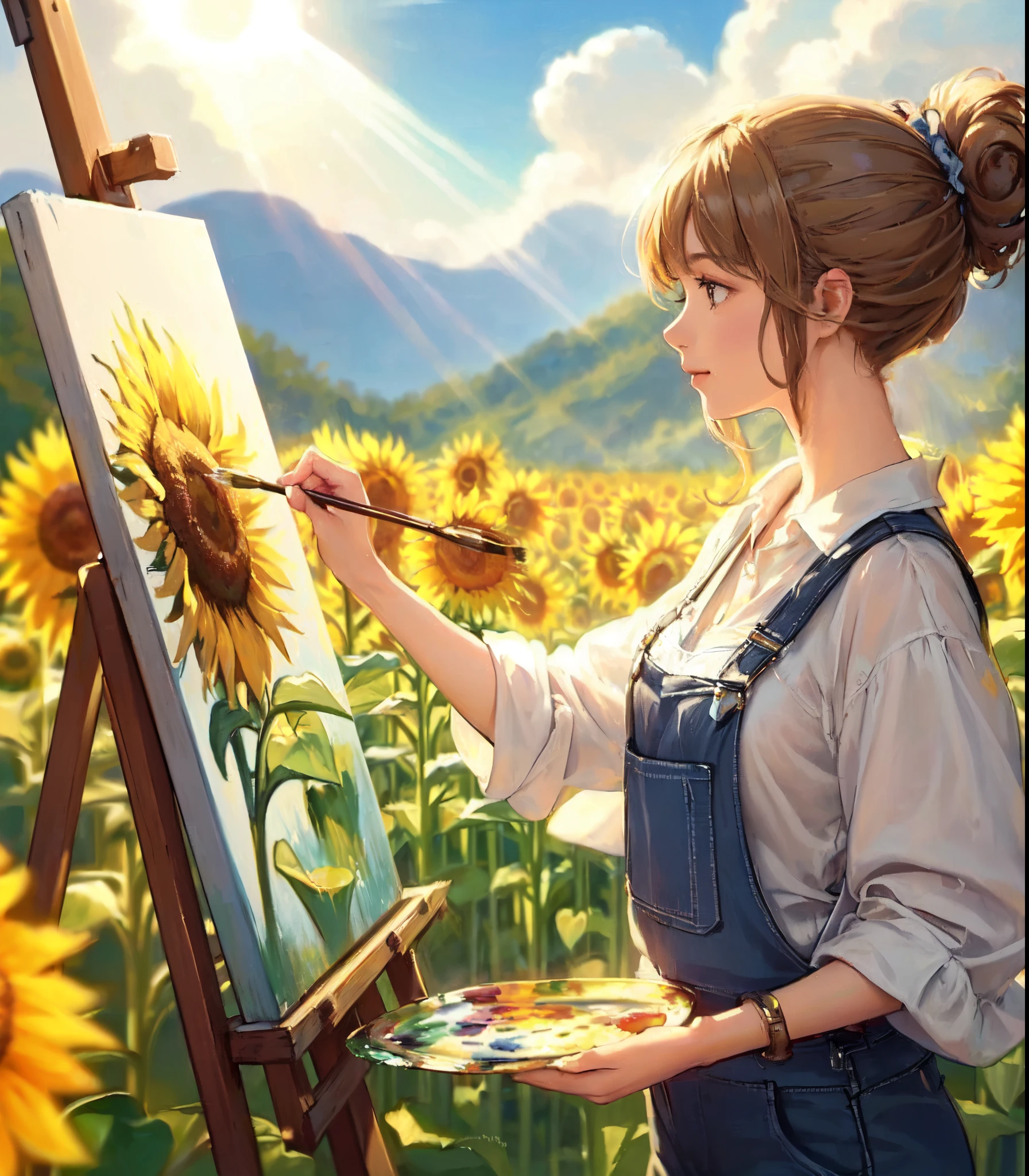 1lady solo, (painting (a sunflower oil painting) on a canvas), (stylish outfit) overalls, mature female, /(light brown hair/) bangs, light smile, (masterpiece best quality:1.2) delicate illustration ultra-detailed, large breasts BREAK (painting of a sunflower), (painting brush), (palette of paintREAK (field of sunflowers under the blue sky) outdoors, /(sunlight pouring from the sky/)