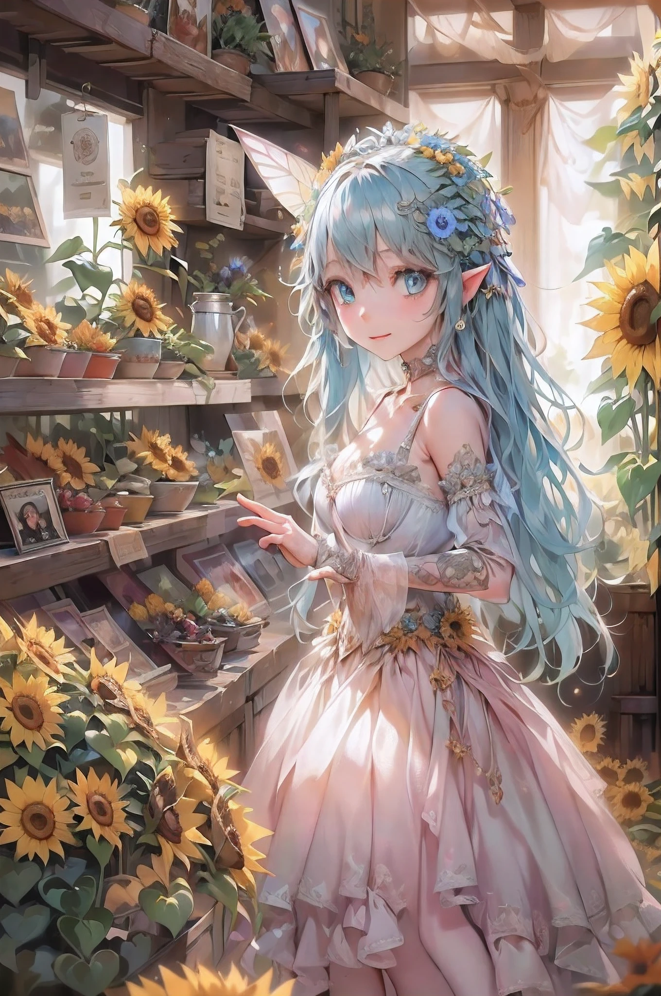 high details, best quality, 16k, RAW, [best detailed], masterpiece, best quality, (extremely detailed), GlowingRunes_red, full body, ultra wide shot, photorealistic, fantasy art, RPG art, D&D art, a picture of a fairy selling sunflowers in a florist shop, extremely beautiful fairy, ultra feminine (intense details, Masterpiece, best quality), butterfly wings (intense details, Masterpiece, best quality), blue and green wings (intense details, Masterpiece, best quality), light pink hair, long hair, shinning hair, flowing hair, shy smile, innocent smile, blue eyes, wearing bright skirt, dynamic elegant shirt, chocker, wearing high heels, in flower shop (intense details, Masterpiece, best quality), extreme many (sunflowers: 1.3) (intense details, Masterpiece, best quality), sunflower shop in a modern era street, High Detail, Ultra High Quality, High Resolution, 16K Resolution, Ultra HD Pictures, Ultra Realistic, Clear Details, Realistic Detail, Ultra High Definition