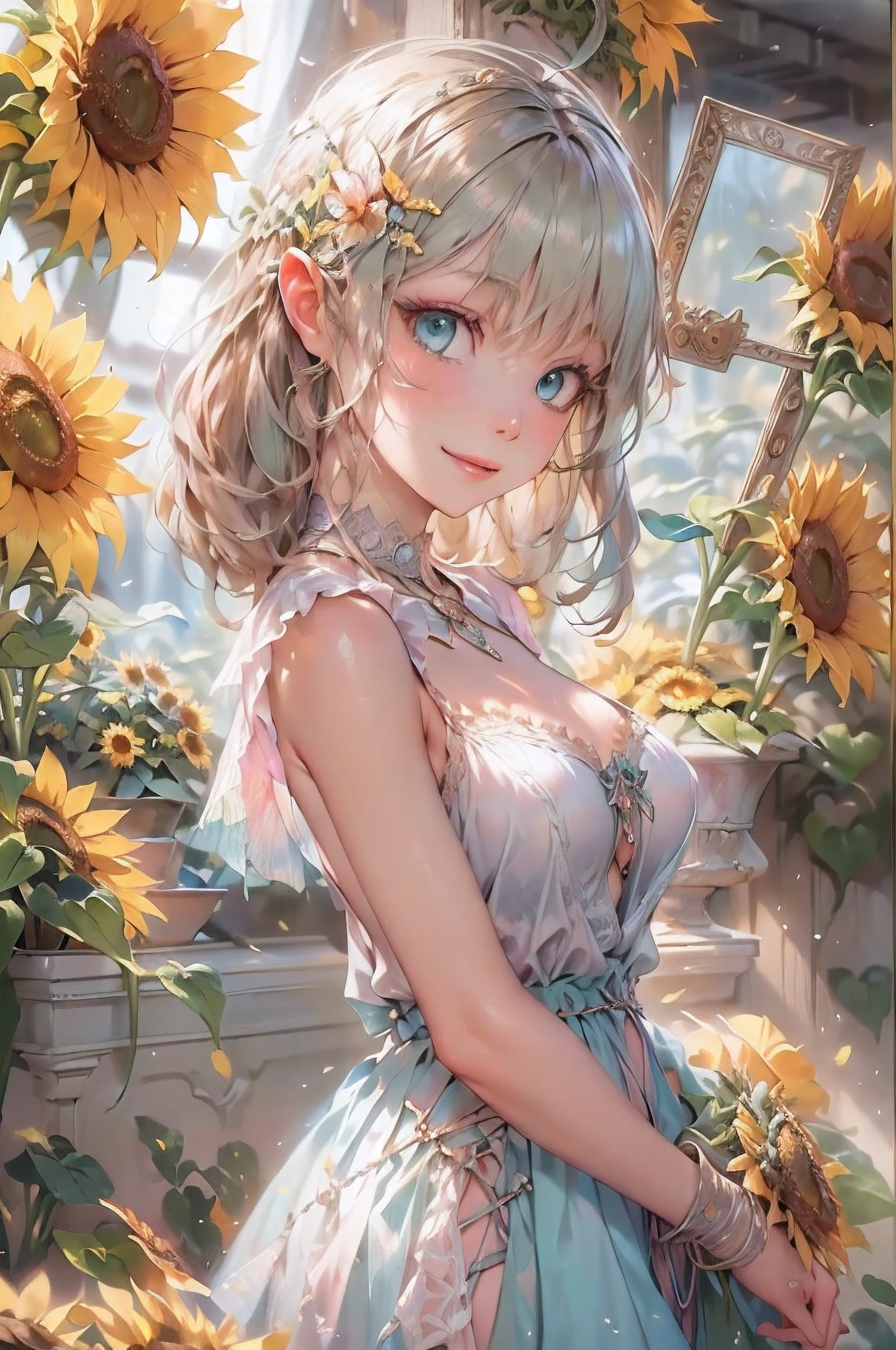 high details, best quality, 16k, RAW, [best detailed], masterpiece, best quality, (extremely detailed), GlowingRunes_red, full body, ultra wide shot, photorealistic, fantasy art, RPG art, D&D art, a picture of a fairy selling sunflowers in a florist shop, extremely beautiful fairy, ultra feminine (intense details, Masterpiece, best quality), butterfly wings (intense details, Masterpiece, best quality), blue and green wings (intense details, Masterpiece, best quality), light pink hair, long hair, shinning hair, flowing hair, shy smile, innocent smile, blue eyes, wearing bright skirt, dynamic elegant shirt, chocker, wearing high heels, in flower shop (intense details, Masterpiece, best quality), extreme many (sunflowers: 1.3) (intense details, Masterpiece, best quality), sunflower shop in a modern era street, High Detail, Ultra High Quality, High Resolution, 16K Resolution, Ultra HD Pictures, Ultra Realistic, Clear Details, Realistic Detail, Ultra High Definition