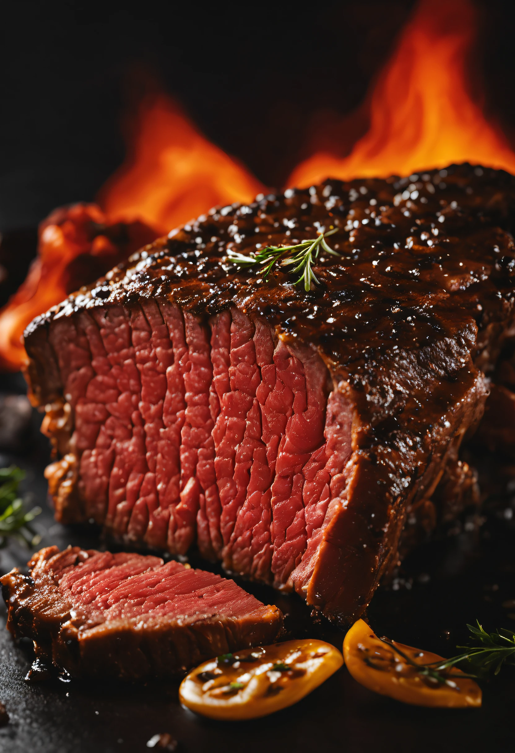 A piece of beef cooked to medium, with a black background and a glowing ember in the background