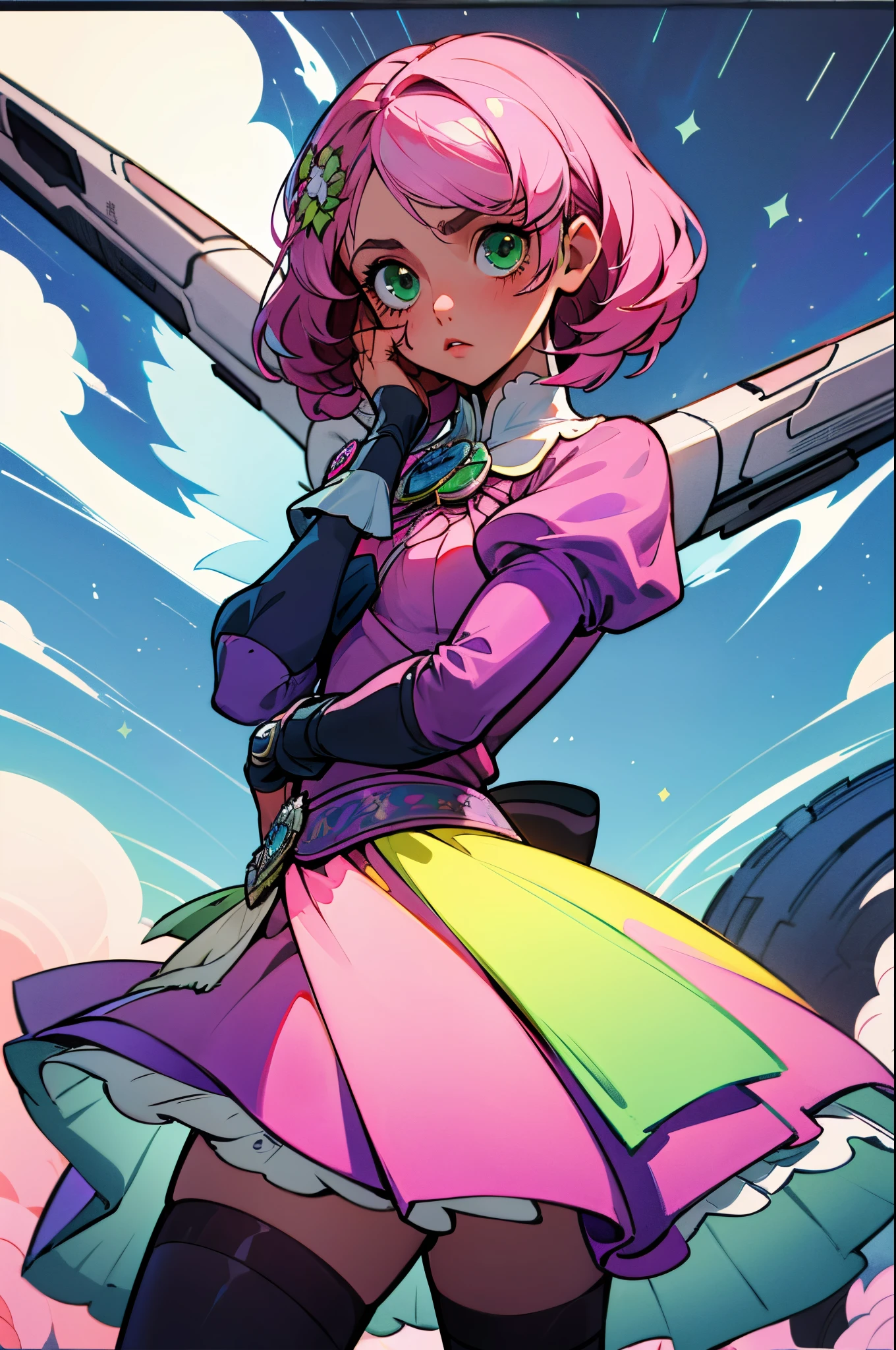 Alisa bosconovitch androide de origem russa, iris dos olhos cintilantes verdes, melhor qualidade, contemporary, estilo plano, minimalismo, Green Eyes Flat Illustration, cabelo rosa, cabelo curto, cabelos multicoloridos, Camisa Preta, mechanical wings, Head Portrait Close-U, peito pontudo, decote, super decote, middlebreasts, Tekken, cabelo rosa pastel, 1girl, em quimono, hand-painted, Desenho de linha sem cor, colorida do yandere pastel, Tekken, Super cute pink hair girl with gothic makeup on the side, figura esbelta, robusto, He sat on the floor, cabelos muito curtos, com orelhas de gato, quadratic element, kawaii cor-de-rosa na roupa da era de 1910, Alisa Bosconovich pink lips, no estilo da paleta de cores suave aurorapunk, an anime illustration of his face, gifs animados, hand drawn animation, charming sketches, suave e brilhante, romantismo nebuloso, Estilo Superflat, perspectiva, Close-up, Girado, de lado, de cima, corte, atmosphric perspective