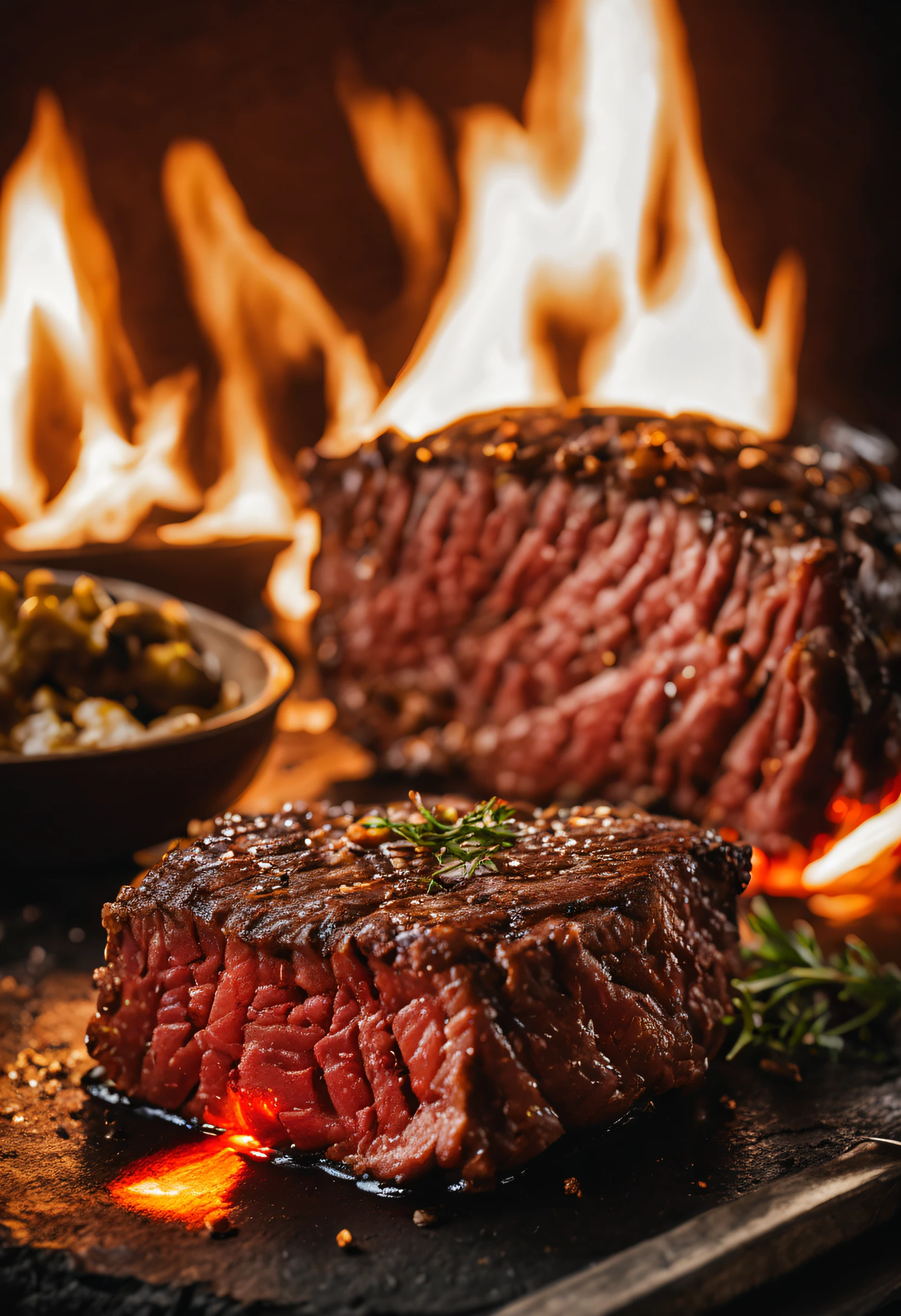 A piece of beef cooked to medium, with a black background and a glowing ember in the background