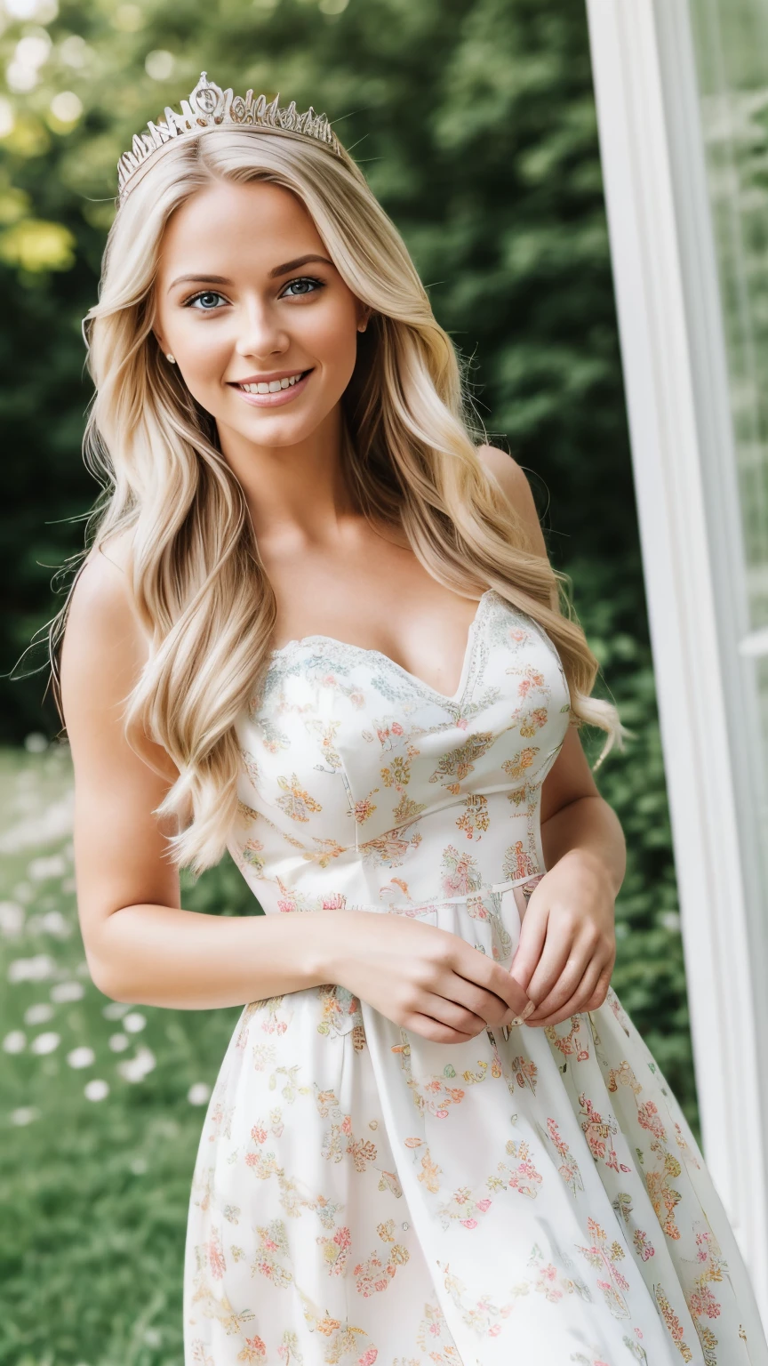 Hyper realistic and detailed full body photo of swedish smiling blonde beautiful woman looks directly at the camera wearing a Princess dress. dreamland. sun is shining. Perfect butt. Sharp light. perfect eyes, (Eye makeup:1.1), (highly detailed skin:1.1), RAW, analog style, sharp focus, 8k UHD, DSLR, high quality, Fujifilm XT3, grain, award winning, masterpiece.