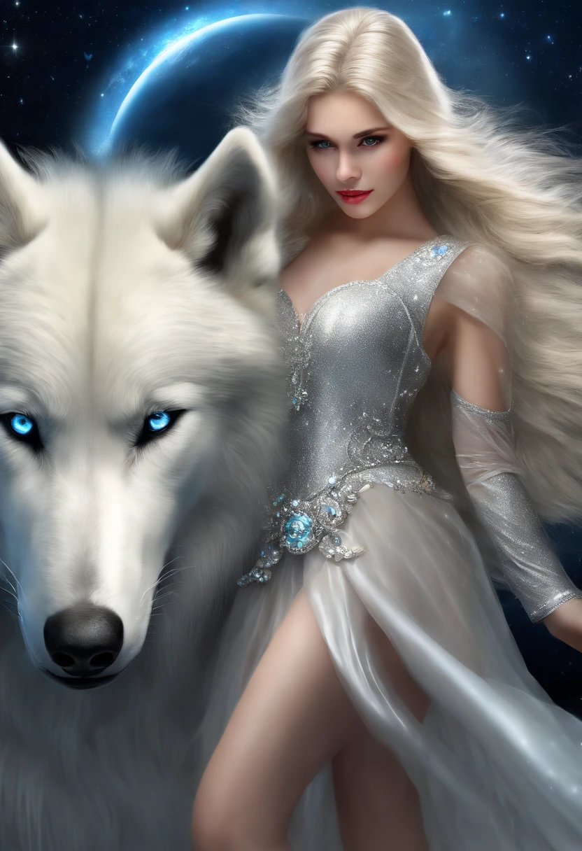 ((full-length photo)),((White wolf and girl)), (huge wolf), (huge white wolf guards a beautiful girl), movement, running forward, bending forward, blue eyes, white wolf fur glows silver sparkles, (very young girl NSFW), (girl 16 years old) lips parted, blue eyes, blonde girl, very long curly hair, transparent dress, transparent air dress, silver trim, silver collar, silver belt, silver sandals, background Orion nebula, starry sky background, two moons, Orion nebula, stand on the star path.(masterpiece: 1.5) (photorealistic: 1.1) (bokeh) (best quality) (Detailed skin texture, pores, hair: 1.1) (intricate) ( 8K) (HDR) (wallpaper) (cinematic lighting) (sharp focus)