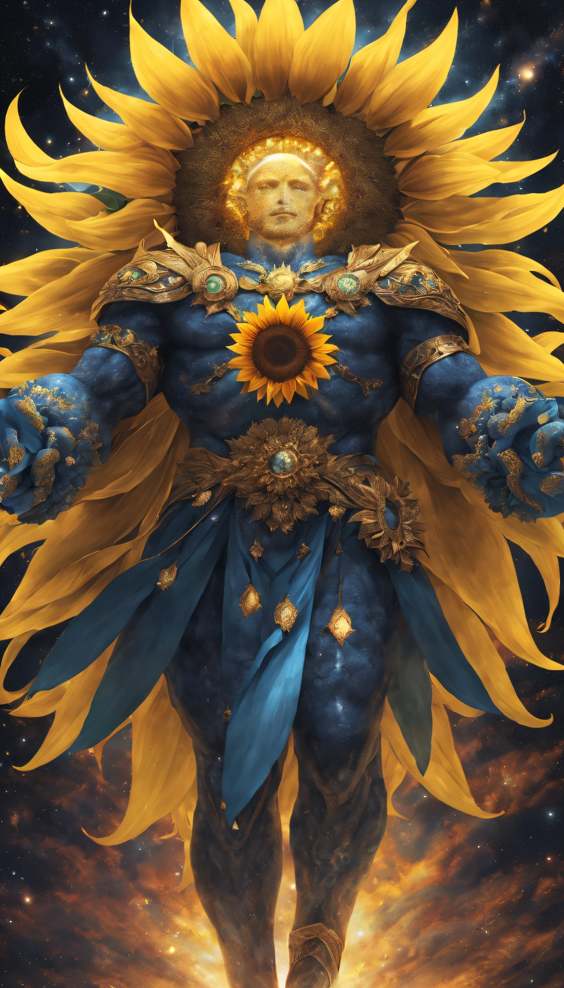 sunflower god, the almighty creator of the entire universe, Larger than all galaxies, Ultra-detailed graphic representation of giant energy clouds in the middle of the universe, Super sharp, hyper realisitc, iintricate, 32K, Realisticstyle