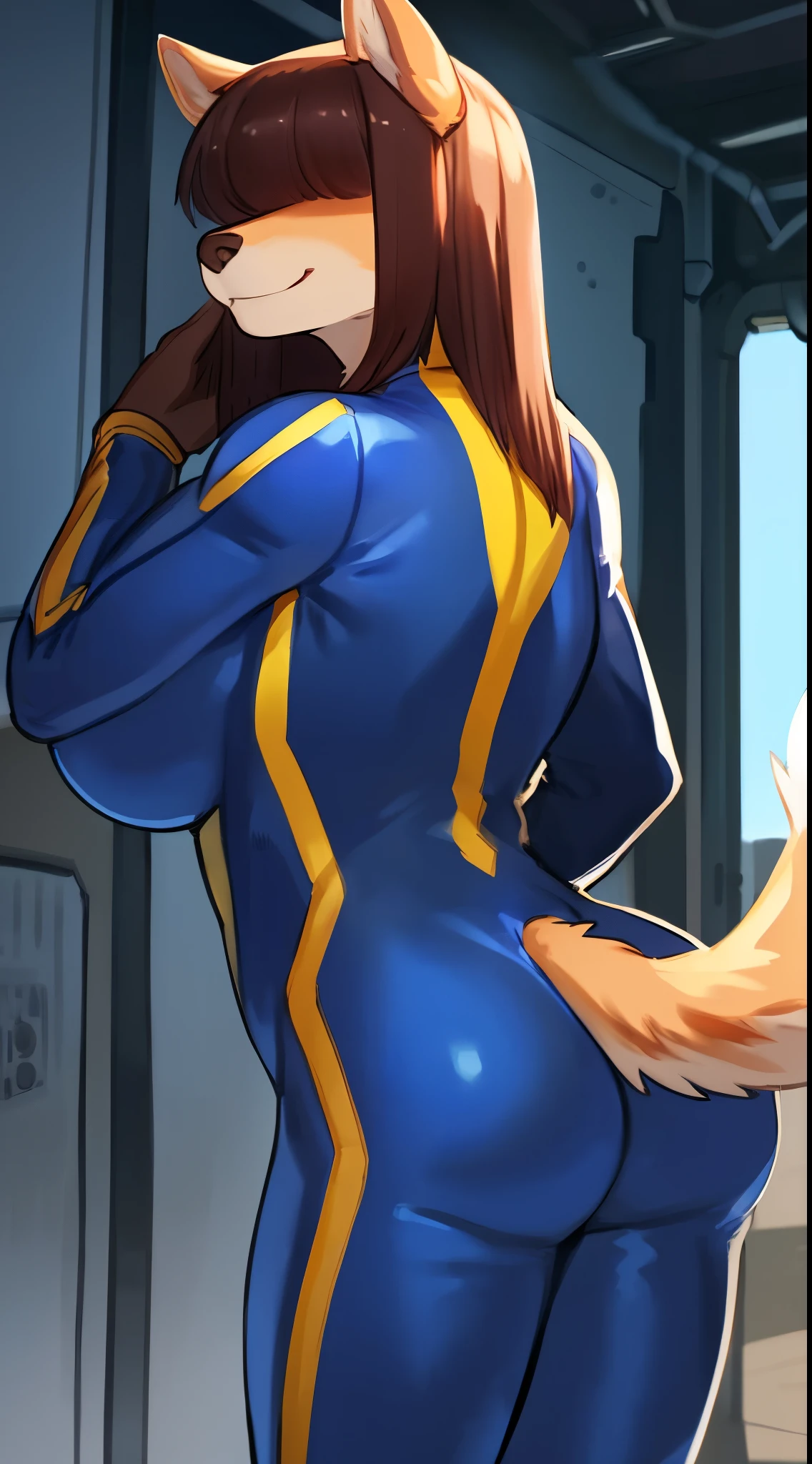 By bebebebebe, by lostgoose, by goonie-san, female, ((canine, snout, hair covering eyes, straight hair, medium hair, flat hair, ears, thin snout)), brown fur, big poofy tail, raised tail, dark maroon hair, (muscular, big breasts), solo, smiling, (((vault suit))), view from behind, focus on butt, nice butt, skintight bodysuit, fallout