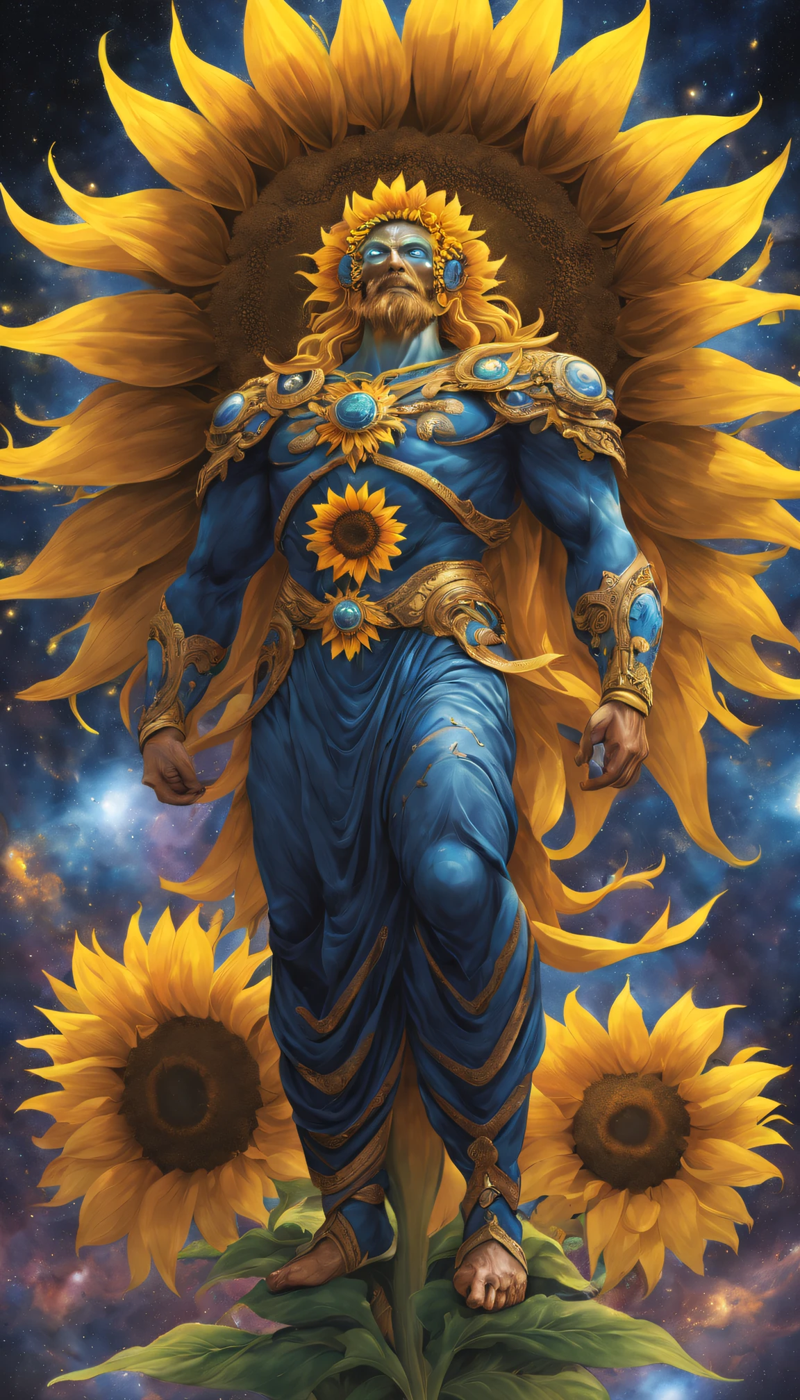 sunflower god, the almighty creator of the entire universe, Larger than all galaxies, Ultra-detailed graphic representation of giant energy clouds in the middle of the universe, Super sharp, hyper realisitc, iintricate, 32K, Realisticstyle
