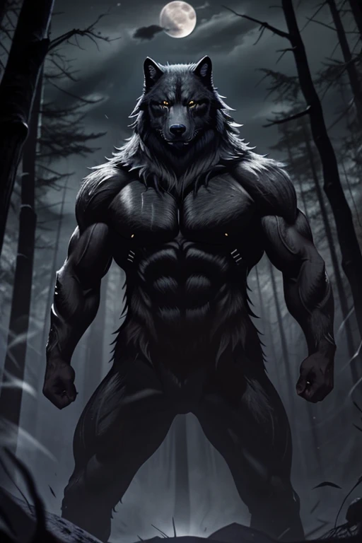 giant black wolf muscular body with red eyes threatening look full moon forest
