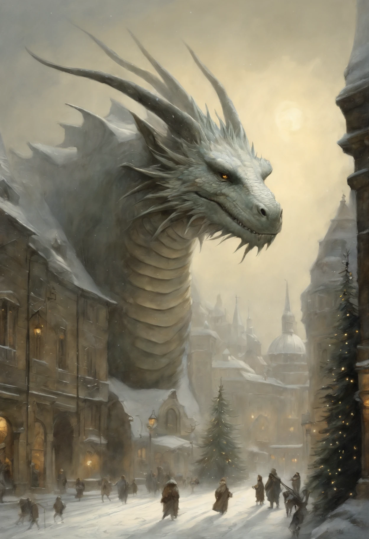 真实感, dark fantasy style, John Tolkien style, Small painting by Jean-Baptiste Monge, dragon, winter, Snow is falling, huge christmas tree, a huge white dragon hugs a Christmas tree, large white dragon with golden crest, anatomically correctly drawn body, Looks like an ancient dragon, The city, megalopolis, city trail, Big Christmas tree, glass skyscraper, Jean-Baptiste Monge, anthropomorphic --ar 2:3 --testp -optimistic;