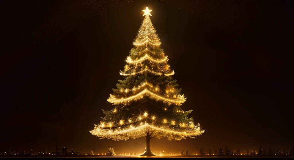 "Golden Christmas tree in an abstract nocturnal landscape"