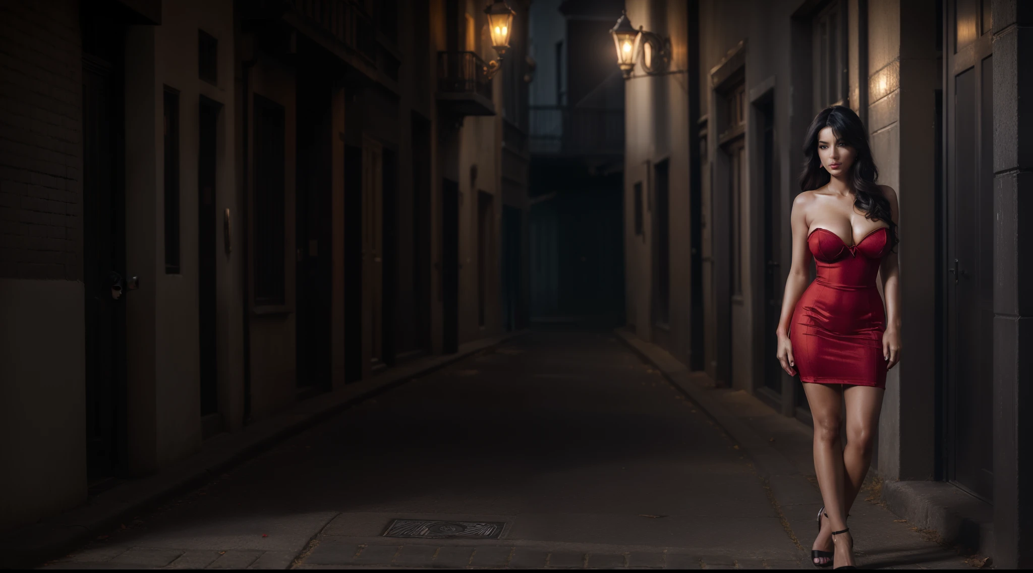 a female fatale with striking features,dangerous and seductive gaze,((standing (alone:1.4) in a dimly lit alley:1.4)),((full-body:1.4, cinematic-shot)),(best quality,4k,8k,highres,masterpiece:1.2),ultra-detailed,(realistic,photorealistic,photo-realistic:1.37),(film grain:1.3).

[(1girl),(solo),((1 person)),(25years-old),[Raiana-Elizabeth-Dilla],pearl skin,(skin pores:1.1),beautiful detailed eyes,beautiful detailed lips,extremely detailed eyes,longeyelashes,extremely detailed face and skin texture,(skin texture:1.1),black hair,tall and slender body,(192cm tall),thin and delicate figure,graceful posture,flawless skin,defined abs,perfect curves,beautiful long legs,(cleavage breasts,large breasts:1.4),((wearing a sexy (red ultra-short vintage strapless minidress:1.4))),extremely detailed and realistic (red) clothes,(shiny skin),((sharp focus:1.5)),(earringeathers:1.5),(charming smile,flawless complexion,red lipstick and smoky eye makeup,)].

[shrouded in mystery and allure].

Official art,extremely detailed,(ultra-dark:1.8) and intriguing atmosphere,expertly executed oil painting,contrasting light and shadow,accentuated facial features,vibrant colors,subtle film noir aesthetic,Angelic ethereal beauty,award-winning photography,professional photography,depth-of-field,bokeh.