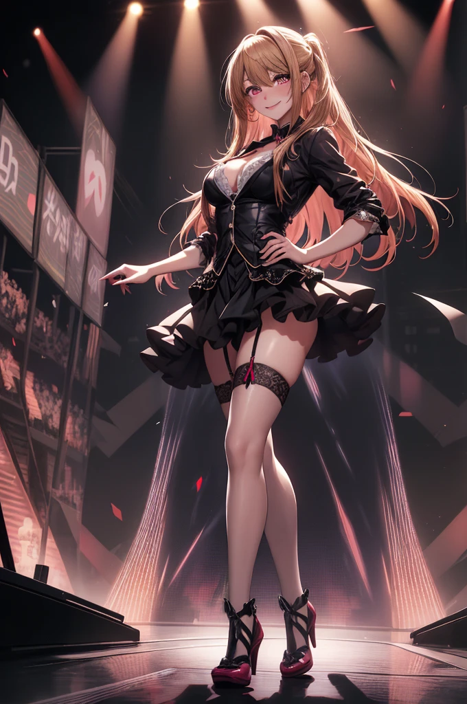 anime, beautiful face, highly detailed face, detailed perfect eyes, perfect hair, perfect lips, accurate arms, accurate hands, perfect legs accurate footware. highly detailed background, front lighting, perfect lighting, full body, 1girl, solo, ruby hoshino, ruby, oshi no ko, heels, blonde hair, thighhighs, stockings, absurdres, high res, ultrasharp, 8K, masterpiece, looking at viewer, (sexy pose:1.5), (full body:1.5), idol outfit, idol, revealing idol, skirt, cleavage, stockings, dynamic pose, full of delight, smiling full of compassion, blushed, on a stage, concert, performing on stage, cute gestures