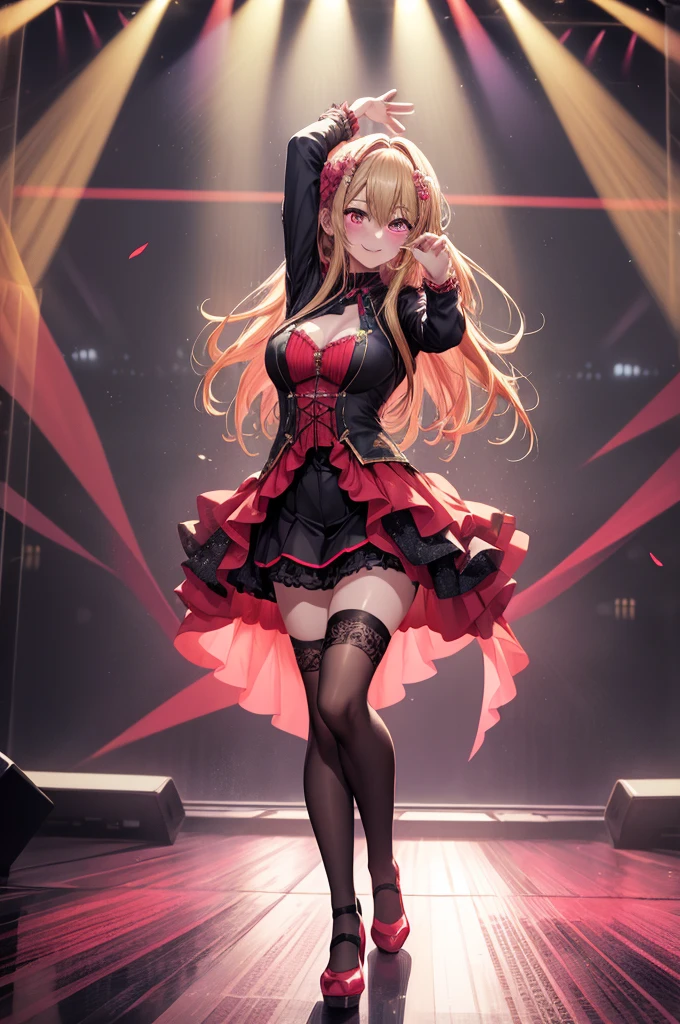 anime, beautiful face, highly detailed face, detailed perfect eyes, perfect hair, perfect lips, accurate arms, accurate hands, perfect legs accurate footware. highly detailed background, front lighting, perfect lighting, full body, 1girl, solo, ruby hoshino, ruby, oshi no ko, heels, blonde hair, thighhighs, stockings, absurdres, high res, ultrasharp, 8K, masterpiece, looking at viewer, (sexy pose:1.5), (full body:1.5), idol outfit, idol, revealing idol, skirt, cleavage, stockings, dynamic pose, full of delight, smiling full of compassion, blushed, on a stage, concert, performing on stage, cute gestures