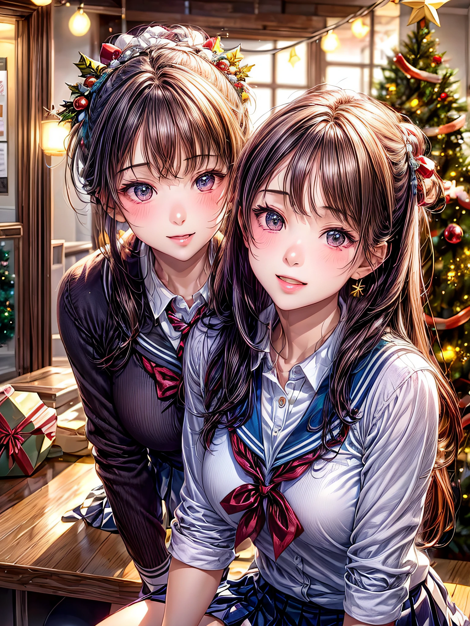 (2girls:1.4), Extremely cute, amazing face and eyes beautiful nice smile), (extremely detailed beautiful face), bright and shiny lips, (School uniform, Pleated skirt:1.3), (Best Quality:1.4), (hyper quality), (Ultra-detailed), (Hyper-realistic, Photorealsitic:1.37), Authentic skin texture, intricate-detail, extremely detailed CG unified 8k wallpaper, RAW Photos, professional photograpy, Cinematic lighting, Exposing, Christmas tree, Christmas Ornaments, Christmas Decorations, Christmas Lights, Christmas Lights,