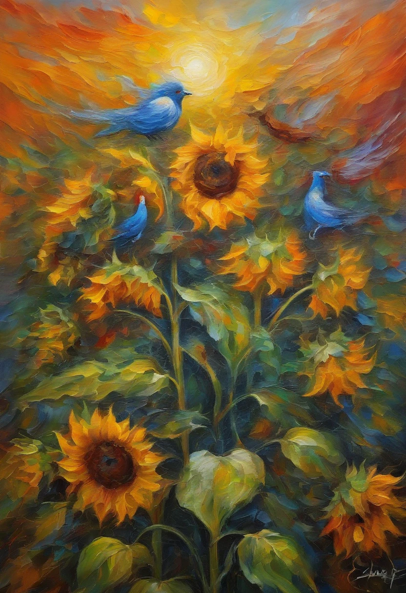 oil painted,sunflower god, the almighty creator of the entire universe, Larger than all galaxies, Graphical representation of a hyper-detailed giant energy cloud in the middle of the universe,ultrarealistic oil painting. Masterpiece works of art.