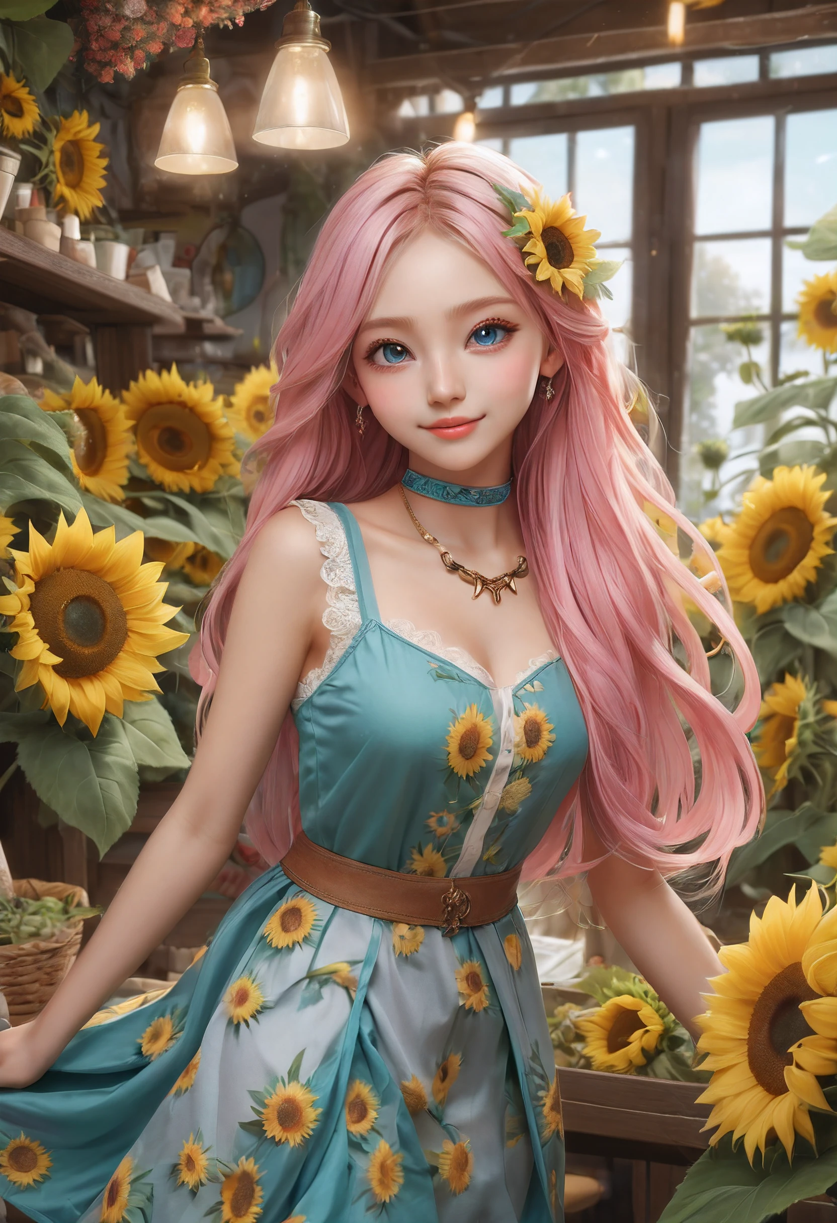 high details, best quality, 16k, RAW, [best detailed], masterpiece, best quality, (extremely detailed), GlowingRunes_red, full body, ultra wide shot, photorealistic, fantasy art, RPG art, D&D art, a picture of a fairy selling sunflowers in a florist shop, extremely beautiful fairy, ultra feminine (intense details, Masterpiece, best quality), butterfly wings (intense details, Masterpiece, best quality), blue and green wings (intense details, Masterpiece, best quality), light pink hair, long hair, shinning hair, flowing hair, shy smile, innocent smile, blue eyes, wearing bright skirt, dynamic elegant shirt, chocker, wearing high heels, in flower shop (intense details, Masterpiece, best quality), extreme many (sunflowers: 1.3) (intense details, Masterpiece, best quality), sunflower shop in a modern era street, High Detail, Ultra High Quality, High Resolution, 16K Resolution, Ultra HD Pictures, Ultra Realistic, Clear Details, Realistic Detail, Ultra High Definition
