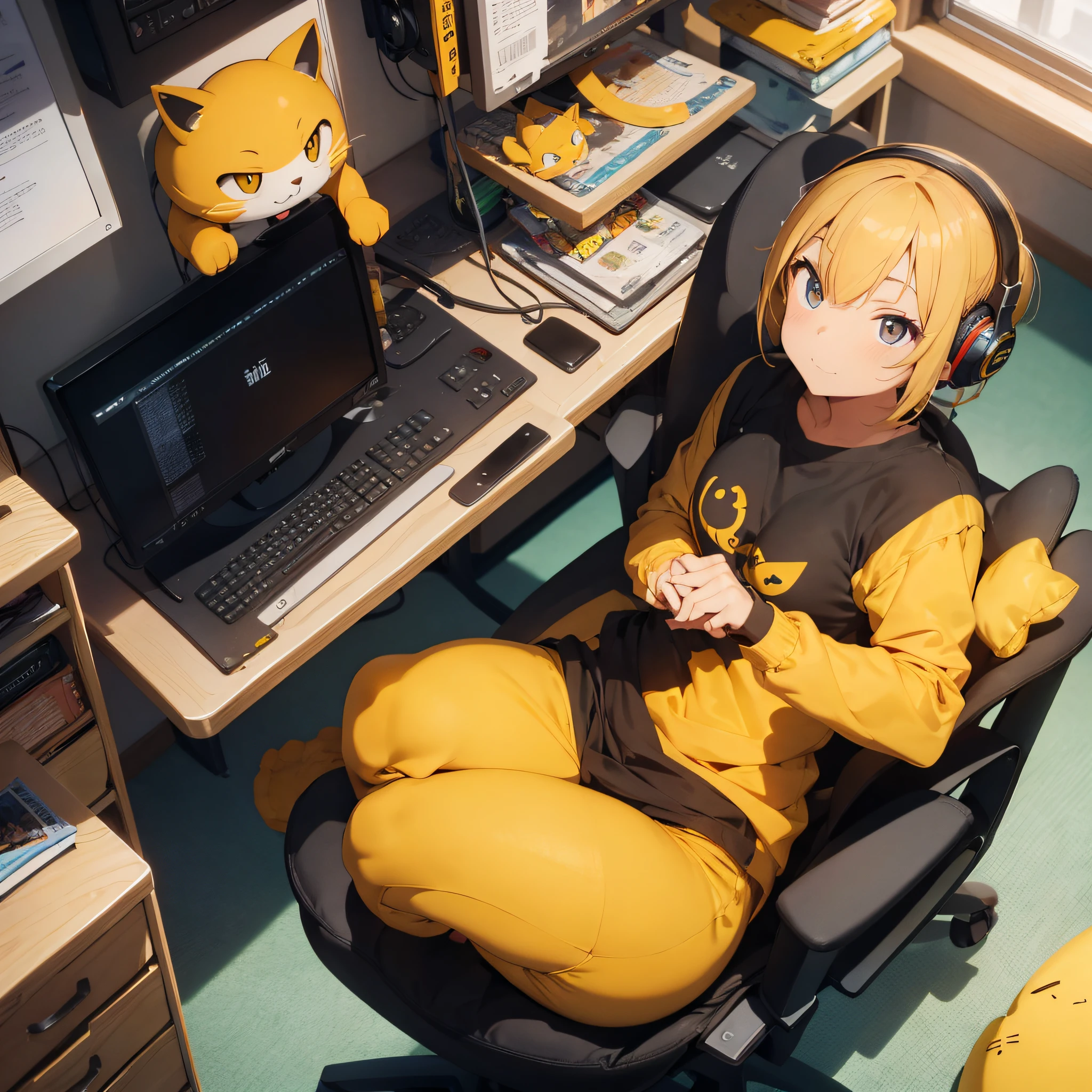 anthropomorphic cat, gato amarelo, homem forte, melting, usando fones de ouvido, animation, anime, Only two arms, hands with only 5 fingers, Hands without defects, apenas duas pernas, cena em uma sala, sentado em uma cadeira gamer. cores vibrantes, olhos amarelos. FullHD, muitos detalhes.