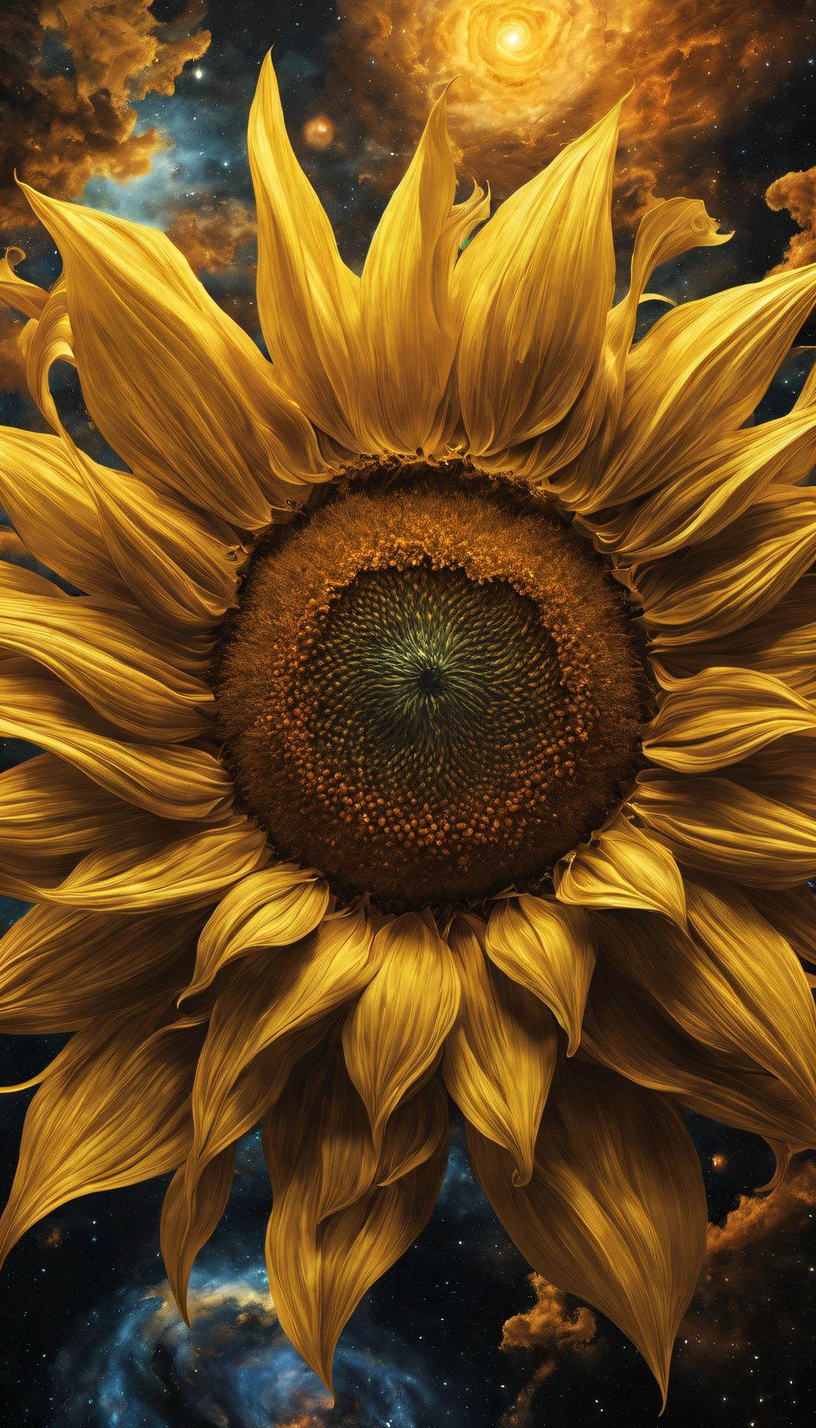 sunflower god, the almighty creator of the entire universe, Larger than all galaxies, Ultra-detailed graphic representation of giant energy clouds in the middle of the universe, Super sharp, hyper realisitc, iintricate, 32K, Realisticstyle