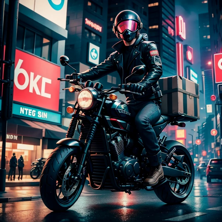 (high-quality CG artwork),A promotional photo of a courier service delivering food. The background is a busy cyberpunk city. The courier wears a black leather jacket and a cyberpunk style helmet. The motorbike is a futuristic motorbike decorated with neon. The package he transported was a neatly packed food box. The slogan "Fast, Safe and Delicious" is displayed at the bottom of the image.