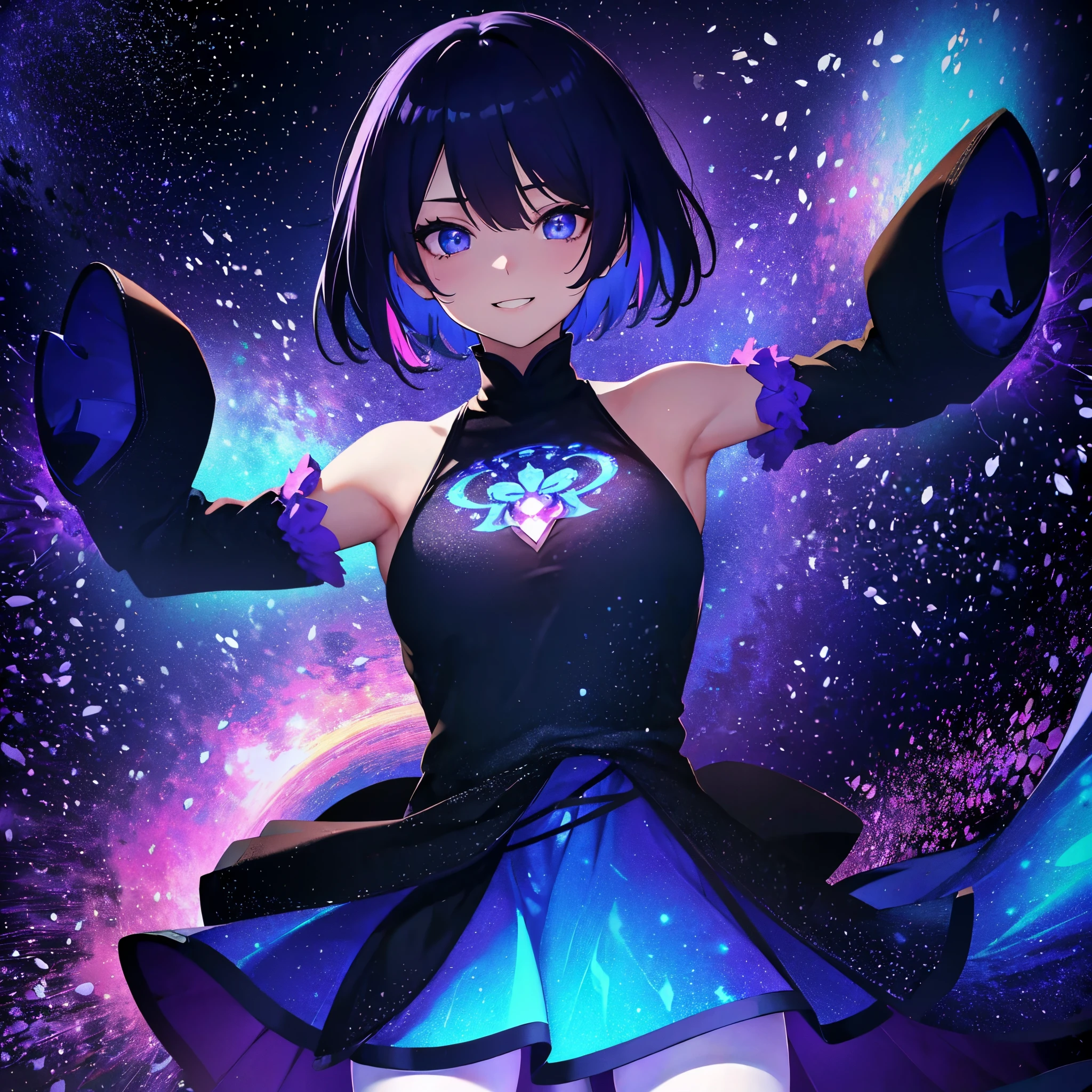 (masutepiece:1.3), (Best Quality:1.3), High resolution, Couboy Shot, I'm on the street with my arms outstretched and a big smile on my face.、Spread your arms、Hair color is purple、Short hair、Blue Mesh、blacklight、Vivid sea、Clear、Iridescent Sea、huge smile、Spectacular background、 Eyes are purple, Miraculous Eye、Beautiful detailed eyes, ultradetailed eyes、Glitter eyes,Put the most effort into the brilliance of your eyes、, (One Cute Girl:1.3), , Hair over one eye, Small breasts, Dress, Detached sleeves, Dress like a wacky fashion model、White pantyhose、Wearing a rainbow-colored aura from the whole body、purpleish color, Outdoors, Purple background, Shadow lighting,perfectbody