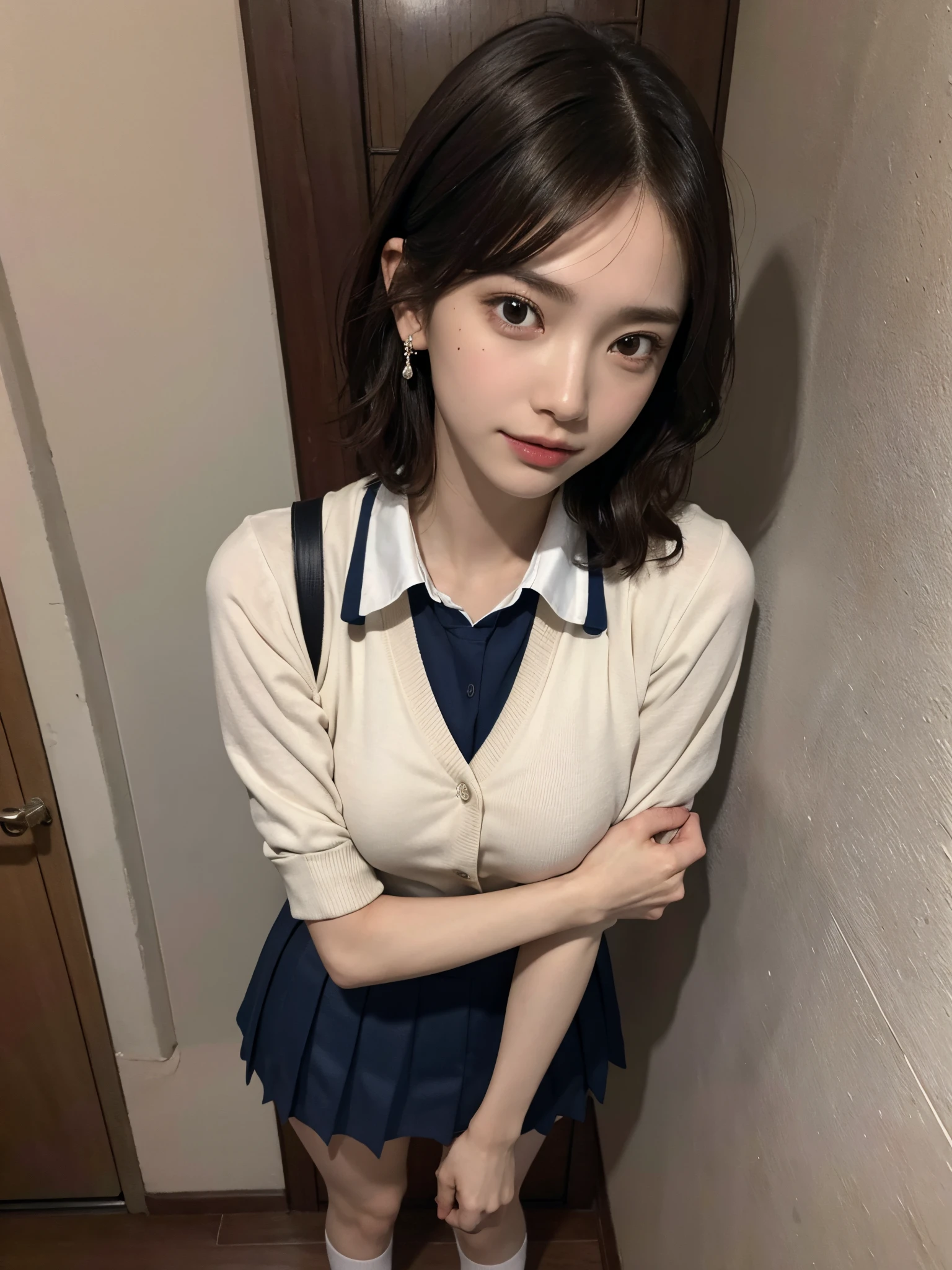 absurdres, RAW photo, extremely delicate and beautiful, masterpiece, Best Quality, ultra high resolution, 16k, hyperrealistic, ultra-detailed, perfect anatomy, super Detailed skin, perfect figure, Very detailed CG 8k wallpaper, in her 20s, very Slim body, narrow waist, very small head, very small face, delicate facial features, tearful mole, earring, thin legs, (very huge round breasts), ((2 girls)), full body shot, bare legs, short hair, wavy hair, light brown hair, wet, ((school uniform)), blazer, skirt,