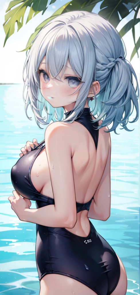 1 girl, watery big eyes*Su Jiushui*Wet hair*hair open*ear studs*swimmingpool>,, Low RA:Add to_the detail:1,One-piece swimsuit,humongous large breast,back