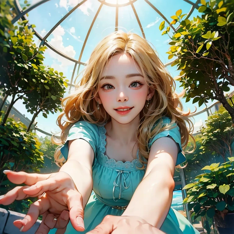 ( Masterpiece, best quality , shot from below , 75mm lens, fisheye:1.2 ), ((pov from below:1.4)), (( beautiful, luxurious, greenhouse dome:1.5, glass panels, plants of colours, vibrant , extreme high detailed, intricate details )). ( 1woman_/(kimtaeyeon/), narrow face, strong jaw, [plump cheeks], transparent glasses, dark hair with blonde highlights, loving smile, beautiful eyes, caring smile, wearing beach summer ootd ), ( cinematic lighting, backlit, soft light)