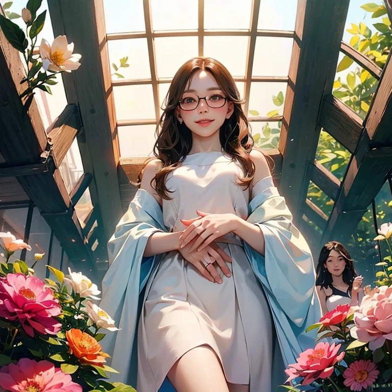 ( Masterpiece, best quality , shot from below , 75mm lens, fisheye:1.2 ), ((pov from below:1.4)), (( beautiful, luxurious, greenhouse dome:1.5, glass panels, plants of colours, vibrant , extreme high detailed, intricate details )). ( 1woman_/(kimtaeyeon/), narrow face, strong jaw, [plump cheeks], transparent glasses, dark hair with blonde highlights, loving smile, beautiful eyes, caring smile, wearing beach summer ootd ), ( cinematic lighting, backlit, soft light)