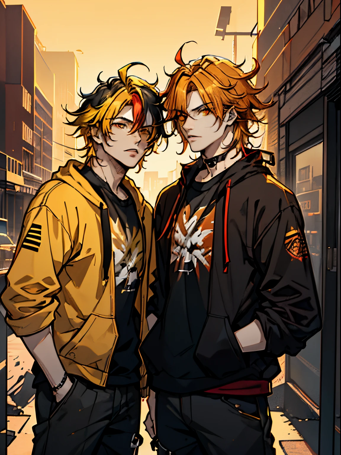 (((two male))), ((((male friendship)))), ((messy hair style)), Take a photo standing up, (((Reddish-yellow hair)), Red Eyes, scenic