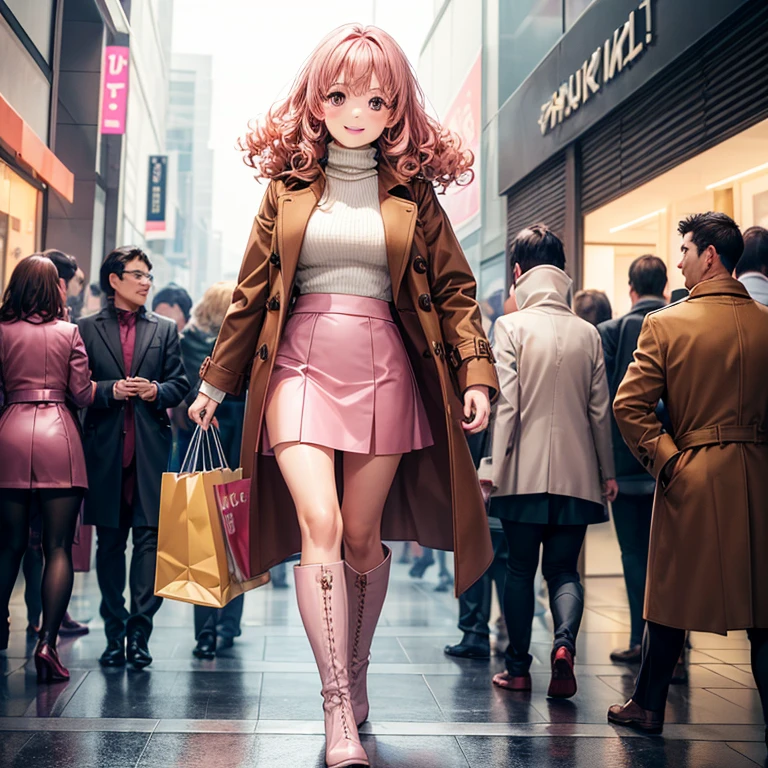 1girl in, Solo, Full body, shopping mall apricot hair, Curly hair, Medium hair, button down, ((Brown long coat)), ((White Turtleneck)), ((Pink skirt)), tight skirts、long boots、Smile, Standing, Walking hand in hand