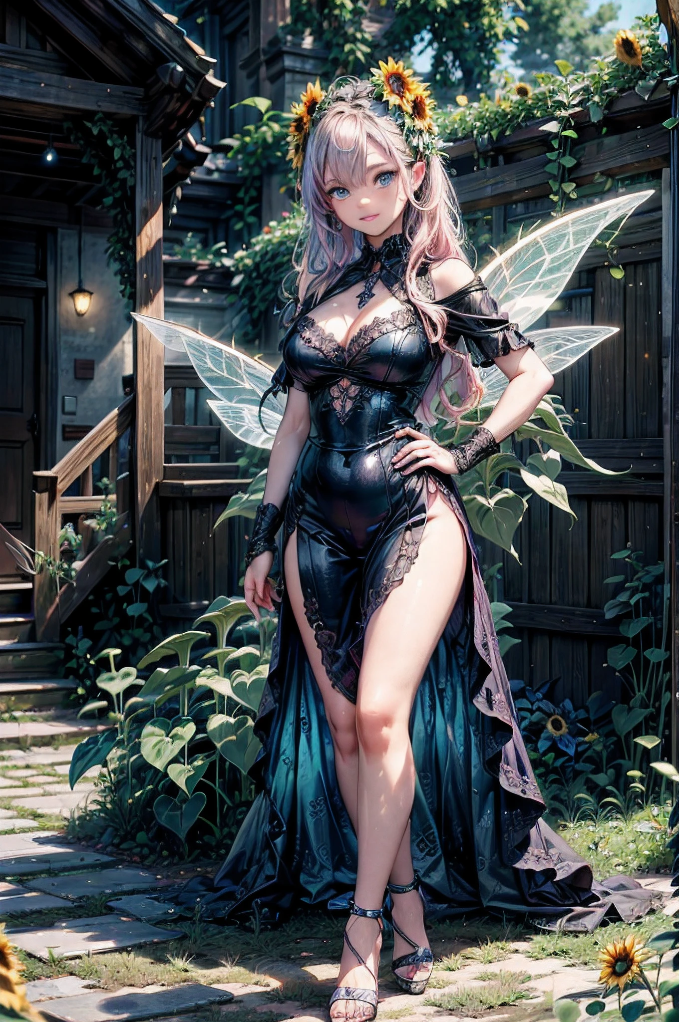 high details, best quality, 16k, RAW, [best detailed], masterpiece, best quality, (extremely detailed), GlowingRunes_red, full body, ultra wide shot, photorealistic, fantasy art, RPG art, D&D art, a picture of a fairy selling (sunflowers: 1.3) in a florist shop, extremely beautiful fairy, ultra feminine (intense details, Masterpiece, best quality), fairy wings (intense details, Masterpiece, best quality), blue and green wings fairy_wings (intense details, Masterpiece, best quality), light (pink: 1.2) hair, long hair, shinning hair, flowing hair, shy smile, innocent smile, blue eyes, wearing bright skirt, dynamic elegant shirt, chocker, wearing high heels, in flower shop (intense details, Masterpiece, best quality), extreme many (sunflowers: 1.3) (intense details, Masterpiece, best quality), sunflower shop in a modern era street, High Detail, Ultra High Quality, High Resolution, 16K Resolution, Ultra HD Pictures, Ultra Realistic, Clear Details, Realistic Detail, Ultra High Definition