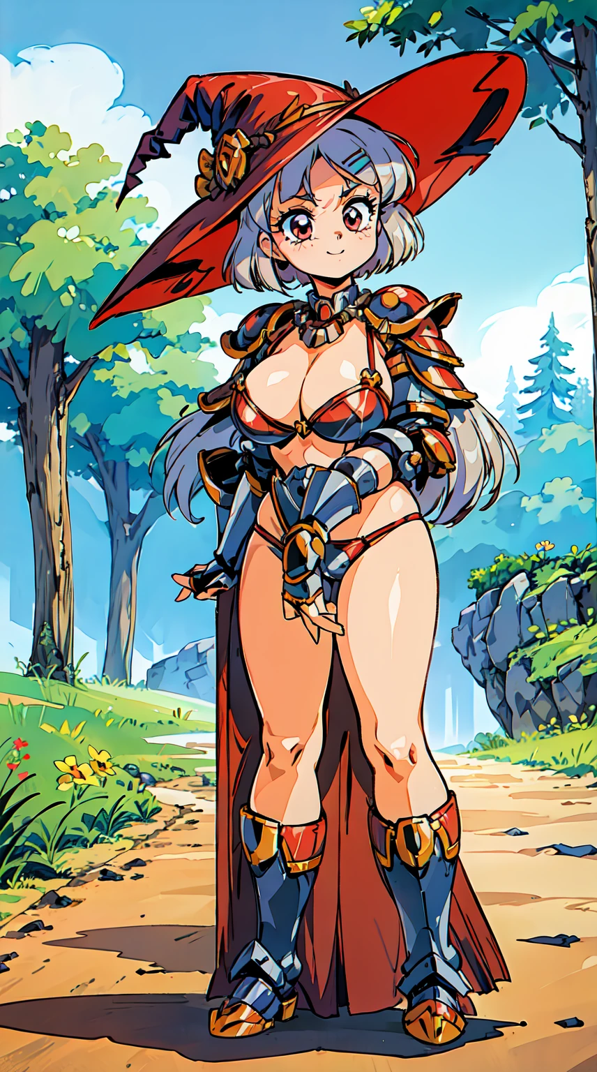 "(masterpiece:1.1), best quality,
1girl, (80s anime style:1.3), (eyelashes:1.5), (:1.2),
(intricate high detailed body:1.2),
(silver hair:1.1), (forehead, parted bangs, hairclip:1.1), (short hair:1.1), (witch hat:1.2),
red eyes,
(curvy body:1.1), (gigantic breasts:1.5),
(angry, smile:1.2),
(string bikini armor:1.2),
(spiked knight armor, armored boots:1.2), (frill:1.1), (streaked hair:1.2), neckwear,
standing, leaning forward,
(full body, looking at viewer, from front:1.1),
daytime, outdoors"