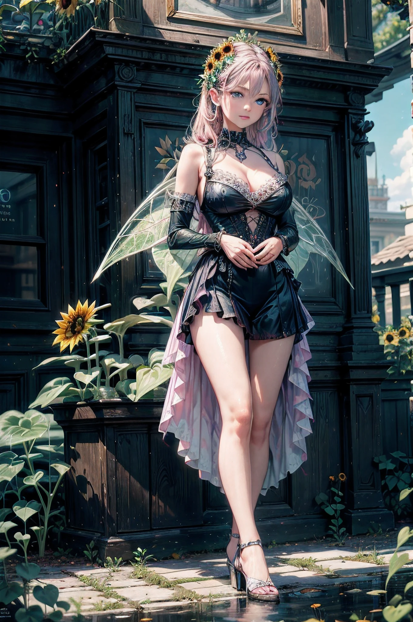 high details, best quality, 16k, RAW, [best detailed], masterpiece, best quality, (extremely detailed), GlowingRunes_red, full body, ultra wide shot, photorealistic, fantasy art, RPG art, D&D art, a picture of a fairy selling (sunflowers: 1.3) in a florist shop, extremely beautiful fairy, ultra feminine (intense details, Masterpiece, best quality), fairy wings (intense details, Masterpiece, best quality), blue and green wings fairy_wings (intense details, Masterpiece, best quality), light (pink: 1.2) hair, long hair, shinning hair, flowing hair, shy smile, innocent smile, blue eyes, wearing bright skirt, dynamic elegant shirt, chocker, wearing high heels, in flower shop (intense details, Masterpiece, best quality), extreme many (sunflowers: 1.3) (intense details, Masterpiece, best quality), sunflower shop in a modern era street, High Detail, Ultra High Quality, High Resolution, 16K Resolution, Ultra HD Pictures, Ultra Realistic, Clear Details, Realistic Detail, Ultra High Definition