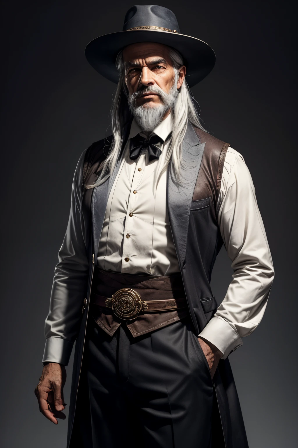 Mr. Elias, the wise seller of the Enchanted Arcanum, is an intriguing figure with characteristics that evoke mystery and wisdom. His hair is silver, like intertwined moon strands, suggesting advanced age but emanating an aura of venerable knowledge. With a medium height, Mr. Elias stands erect, as if carrying the weight of countless stories and secrets. His build is thin, however, there is an elegance in his movements that transcends mere physical appearance. Mr. Elias seems to carry with him a burden of experiences, reflected in his penetrating eyes that denote a deep understanding of the world. Mr. Elias's clothing is a mix of simplicity and sophistication. He wears clothes that look like they have spanned decades while maintaining a timeless style. He is often seen wearing a dark vest over a white shirt, paired with thick fabric pants and worn boots that echo a storied past. The wise salesman is often found wearing a hat that partially shades his face, accentuating the enigmatic air that surrounds him. His clothes, in neutral tones, create an image that seems to exist beyond time, contributing to the magical atmosphere of the Enchanted Arcanum. In every detail of his appearance, Mr. Elias personifies the essence of mystery and wisdom, becoming an unforgettable figure for those who cross the path of the Enchanted Arcanum in search of answers and transformation.