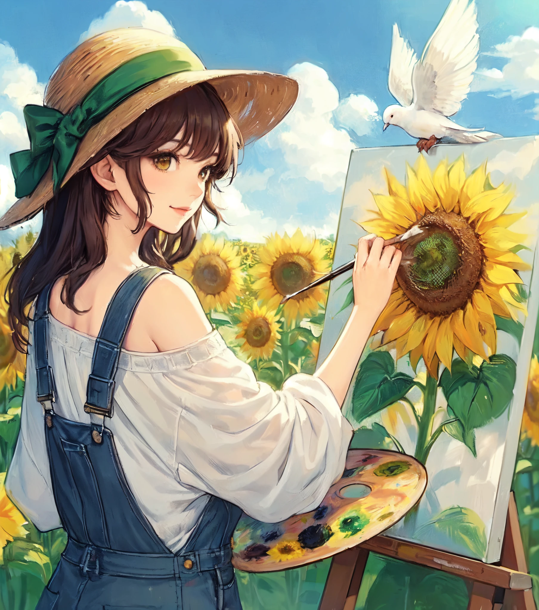 1lady solo, (painting (a sunflower oil painting) on a canvas), (stylish outfit) overalls (hat with a green hatband:1.1), mature female, /(black hair/) bangs, light smile, (masterpiece best quality:1.2) delicate illustration ultra-detailed, large breasts BREAK (painting of a sunflower) (a white dove flying), (painting brush), (palette of paintREAK (field of sunflowers under the blue sky) outdoors