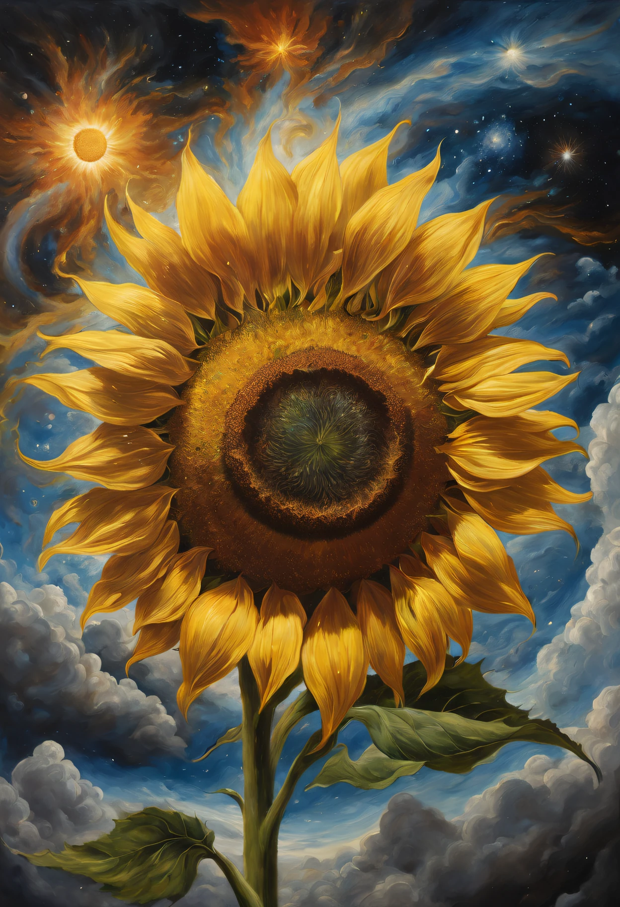oil painted,sunflower god, the almighty creator of the entire universe, Larger than all galaxies, Ultra-detailed graphic representation of giant energy clouds in the middle of the universe,ultrarealistic oil painting. a masterpiece of art.