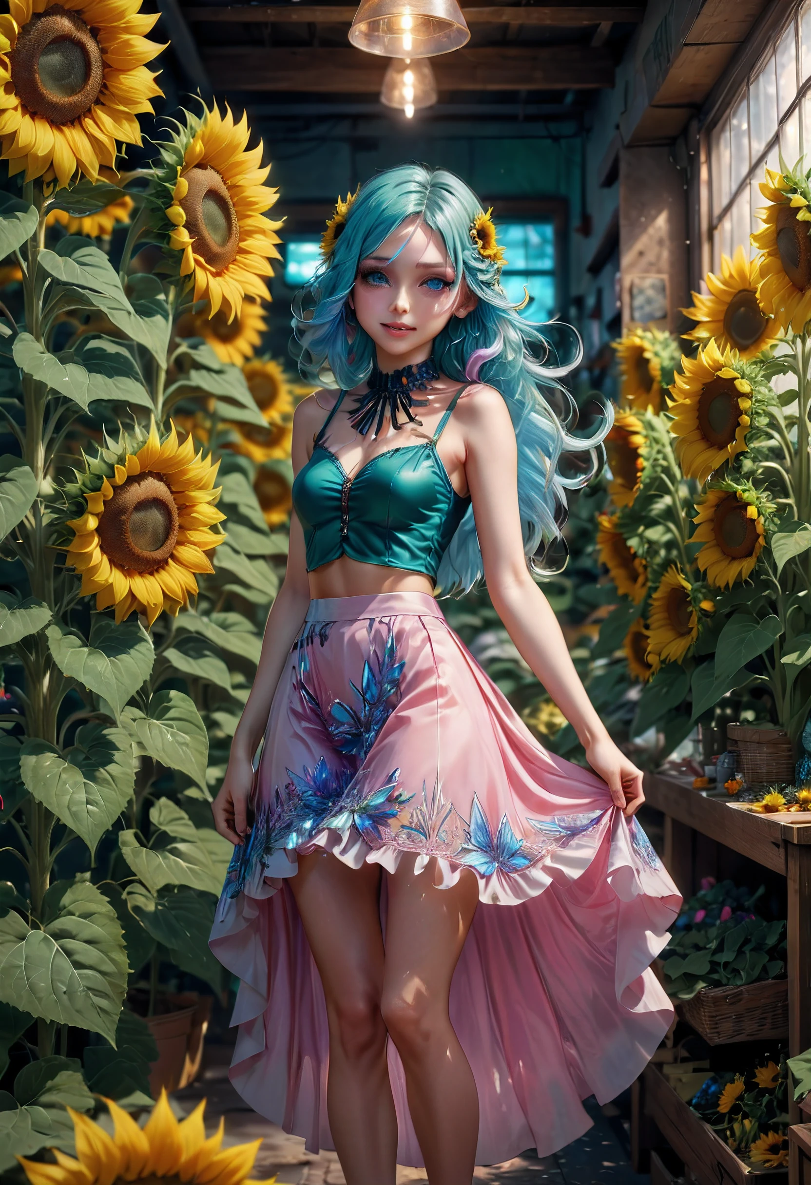 high details, best quality, 16k, RAW, [best detailed], masterpiece, best quality, (extremely detailed), GlowingRunes_red, full body, ultra wide shot, photorealistic, fantasy art, RPG art, D&D art, a picture of a fairy selling sunflowers in a florist shop, extremely beautiful fairy, ultra feminine (intense details, Masterpiece, best quality), butterfly wings (intense details, Masterpiece, best quality), blue and green wings (intense details, Masterpiece, best quality), light pink hair, long hair, shinning hair, flowing hair, shy smile, innocent smile, blue eyes, wearing bright skirt, dynamic elegant shirt, chocker, wearing high heels, in flower shop (intense details, Masterpiece, best quality), extreme many (sunflowers: 1.3) (intense details, Masterpiece, best quality), sunflower shop in a modern era street, High Detail, Ultra High Quality, High Resolution, 16K Resolution, Ultra HD Pictures, Ultra Realistic, Clear Details, Realistic Detail, Ultra High Definition