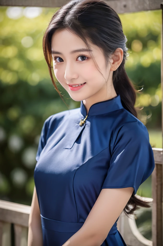 traditional clothes ,dark blue ao dai, ao dai, vietnamese girl, vietnam, vietnamese, satin, pretty girl, wide smile , long hair, Realistic lighting, delicate face, cute expression, Body perfect anatomy,Top Quality, 8K Resolution , full body , realistic , real human , High quality, shiny ao dai , realistic , Cinematic, Aesthetic , satin aodai, 22 year old girl, detailed and beautiful face and eyes,beautiful woman
