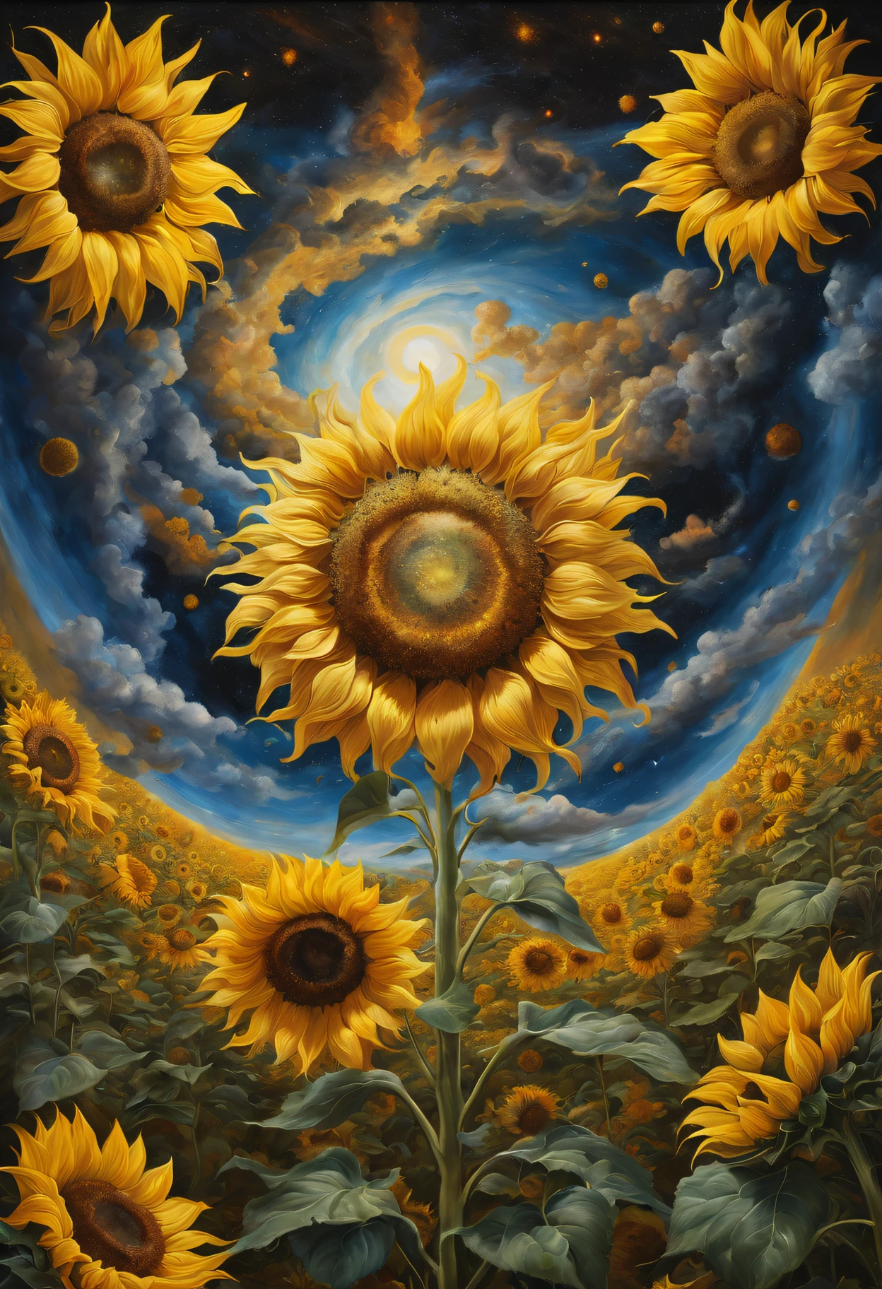 oil painted，sunflower god, the almighty creator of the entire universe, Larger than all galaxies, Ultra-detailed graphic representation of giant energy clouds in the middle of the universe，ultrarealistic oil painting. a masterpiece of art.