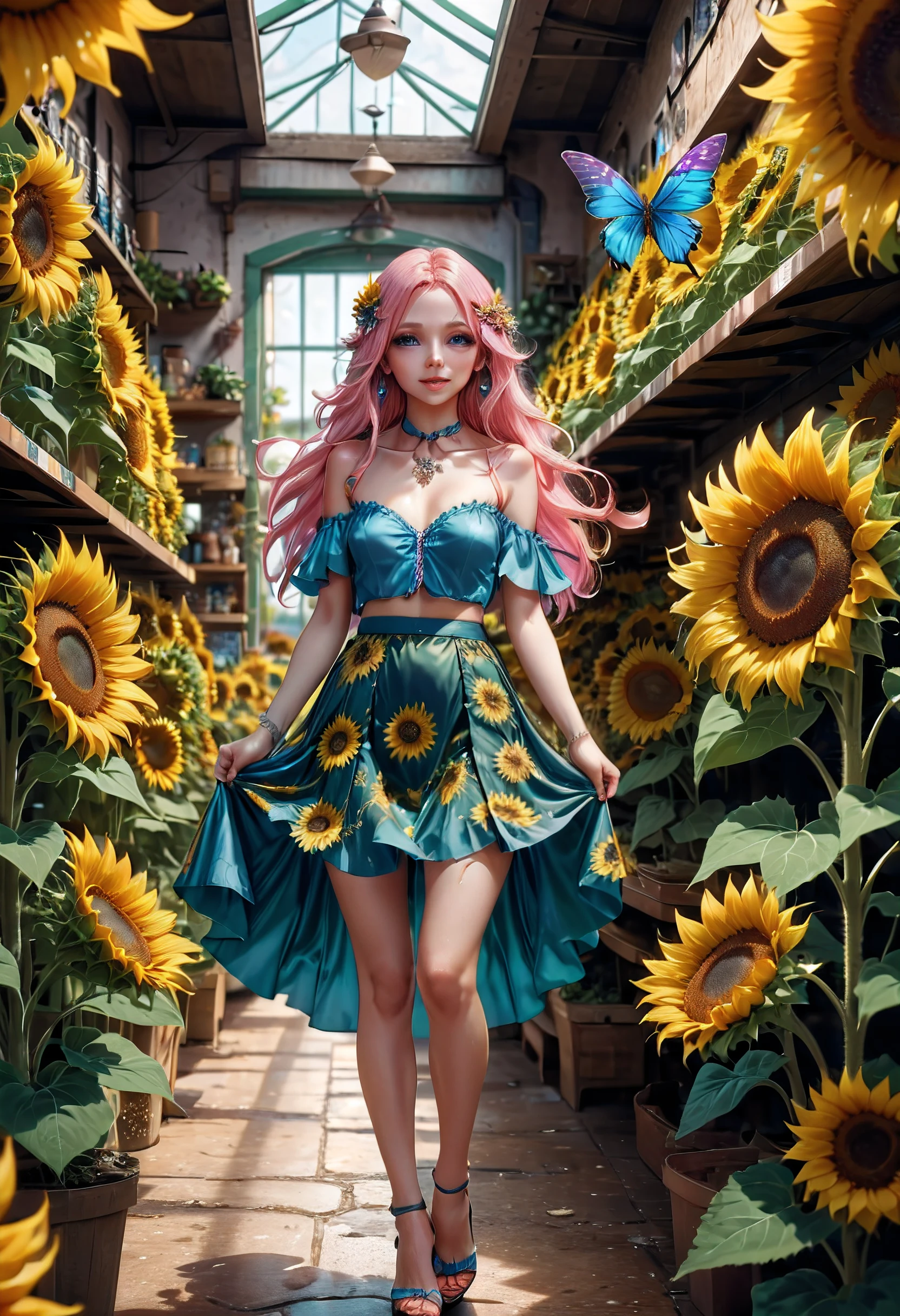 high details, best quality, 16k, RAW, [best detailed], masterpiece, best quality, (extremely detailed), GlowingRunes_red, full body, ultra wide shot, photorealistic, fantasy art, RPG art, D&D art, a picture of a fairy selling sunflowers in a florist shop, extremely beautiful fairy, ultra feminine (intense details, Masterpiece, best quality), butterfly wings (intense details, Masterpiece, best quality), blue and green wings (intense details, Masterpiece, best quality), light pink hair, long hair, shinning hair, flowing hair, shy smile, innocent smile, blue eyes, wearing bright skirt, dynamic elegant shirt, chocker, wearing high heels, in flower shop (intense details, Masterpiece, best quality), extreme many (sunflowers: 1.3) (intense details, Masterpiece, best quality), sunflower shop in a modern era street, High Detail, Ultra High Quality, High Resolution, 16K Resolution, Ultra HD Pictures, Ultra Realistic, Clear Details, Realistic Detail, Ultra High Definition