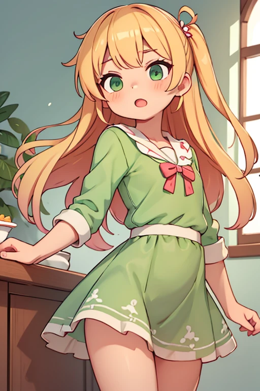 a cute anime girl, golden hair, green dress, no panties